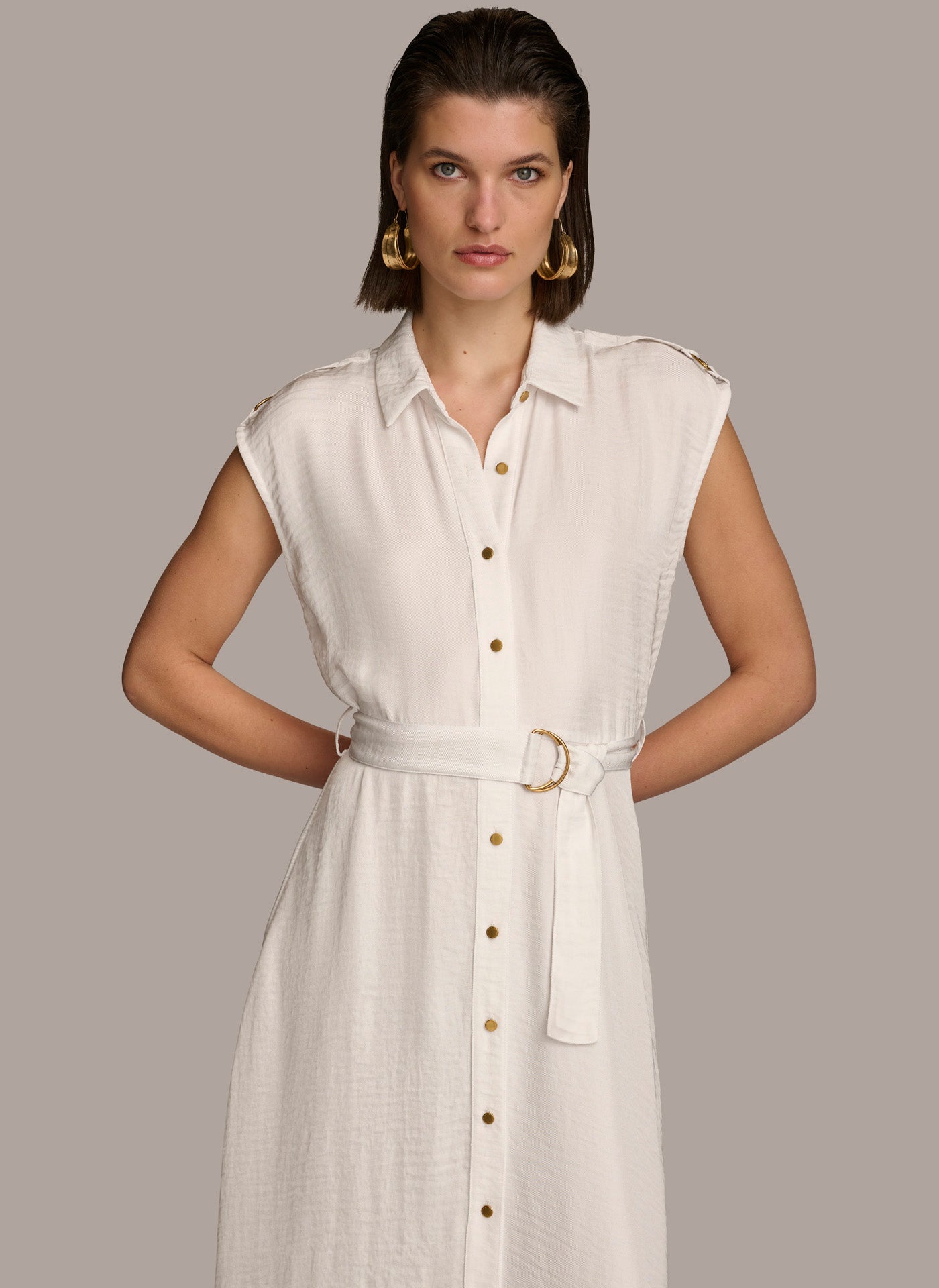 BUTTON FRONT BELTED DRESS