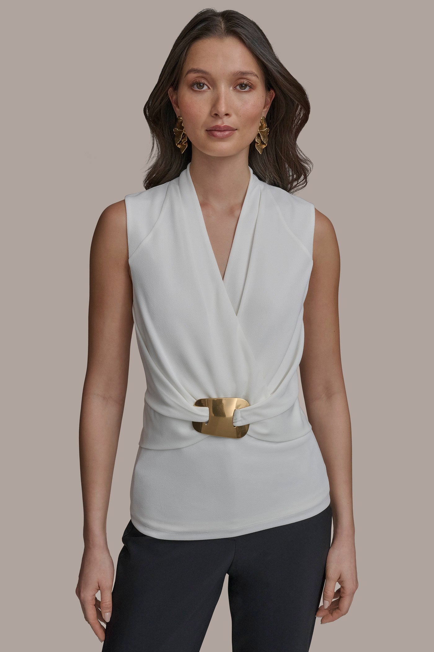 SLEEVELESS FAUX WRAP V-NECK WITH HARDWARE | View 1 | Tops & Sweaters SLEEVELESS FAUX WRAP V-NECK WITH HARDWARE | View 1 | Tops & Sweaters