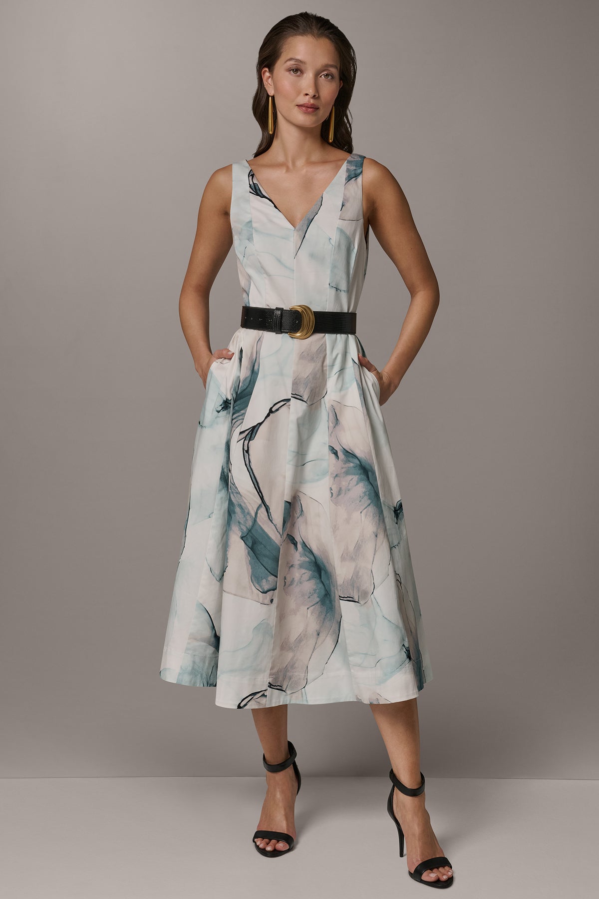 Stretch Cotton Printed Midi Fit And Flare Dress