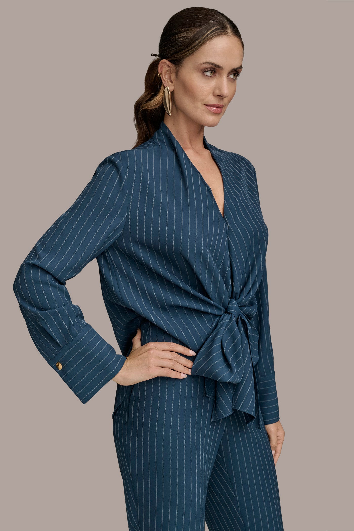 TIE-FRONT PINSTRIPE HIGH-LOW BLOUSE VIEW 3 | Suits and Separates TIE-FRONT PINSTRIPE HIGH-LOW BLOUSE VIEW 3 | Suits and Separates