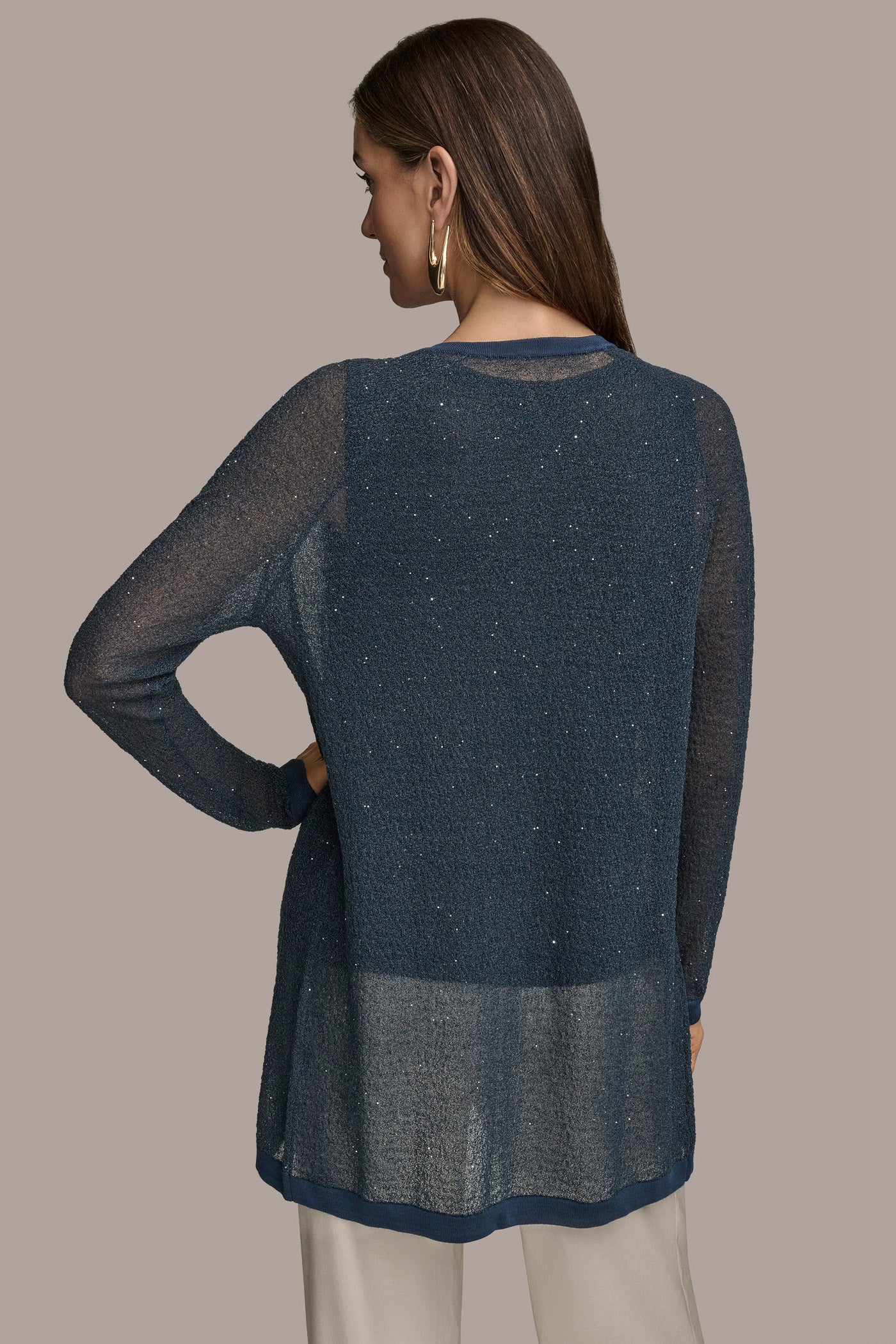 LONG SEQUINED BOUCLÉ KNIT CARDIGAN | View 2 | Suits and Separates LONG SEQUINED BOUCLÉ KNIT CARDIGAN | View 2 | Suits and Separates