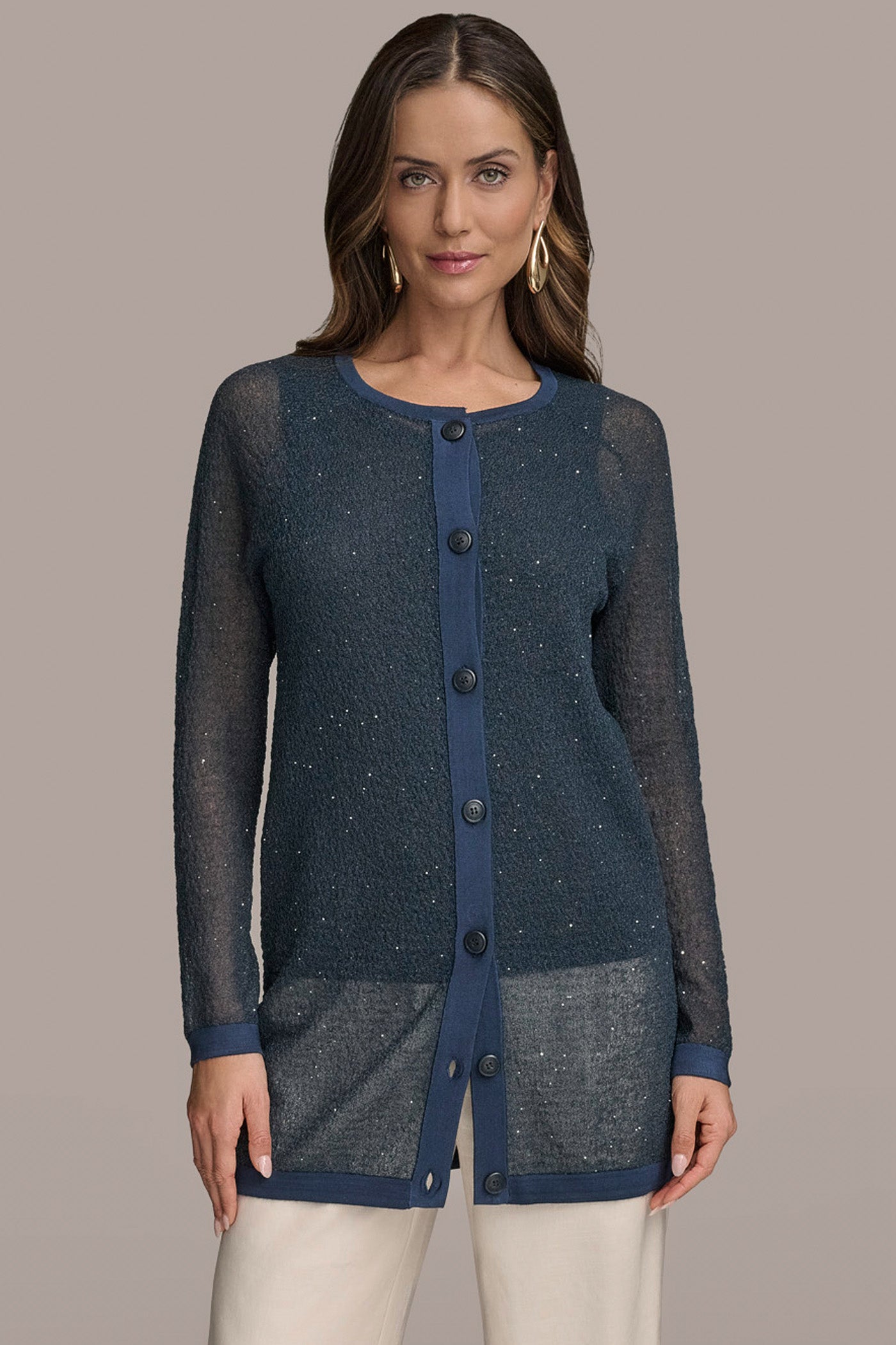 LONG SEQUINED BOUCLÉ KNIT CARDIGAN | View 1 | Suits and Separates LONG SEQUINED BOUCLÉ KNIT CARDIGAN | View 1 | Suits and Separates