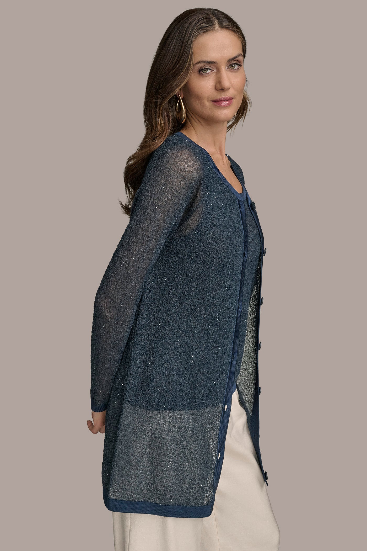 LONG SEQUINED BOUCLÉ KNIT CARDIGAN VIEW 3 | Suits and Separates LONG SEQUINED BOUCLÉ KNIT CARDIGAN VIEW 3 | Suits and Separates