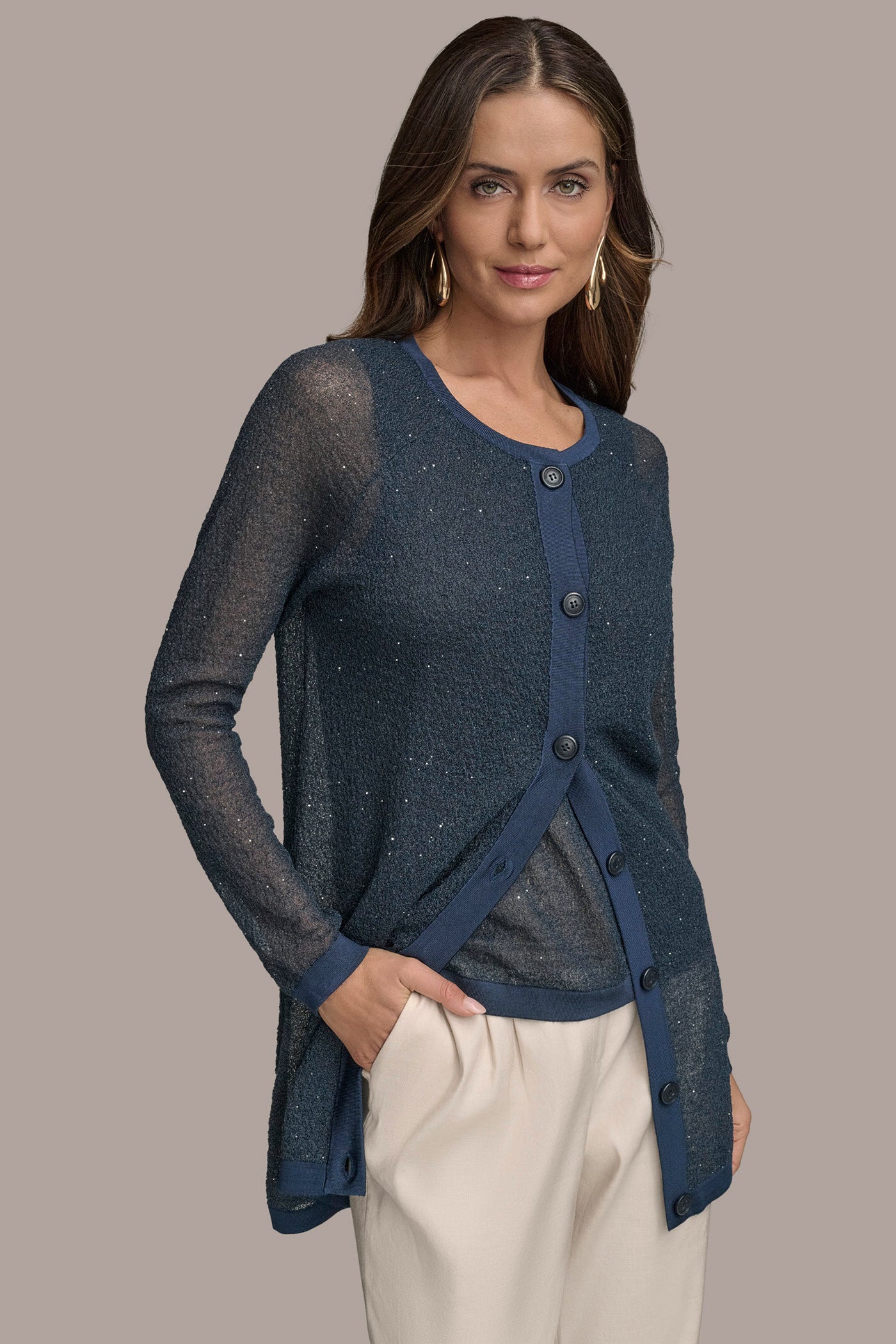 LONG SEQUINED BOUCLÉ KNIT CARDIGAN VIEW 4 | Suits and Separates LONG SEQUINED BOUCLÉ KNIT CARDIGAN VIEW 4 | Suits and Separates