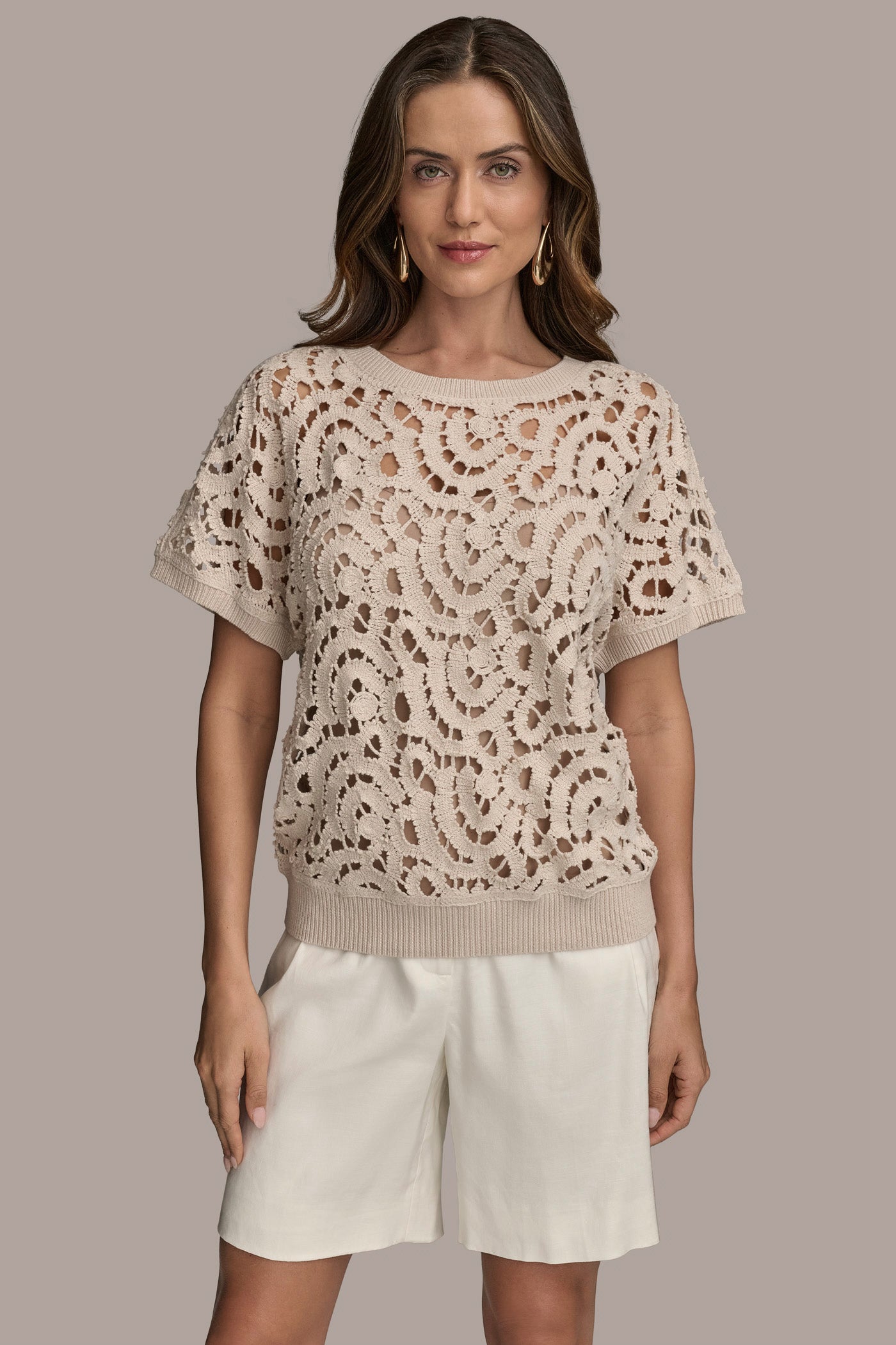 DROP SHOULDER CROCHET KNIT SWEATER | View 1 DROP SHOULDER CROCHET KNIT SWEATER | View 1