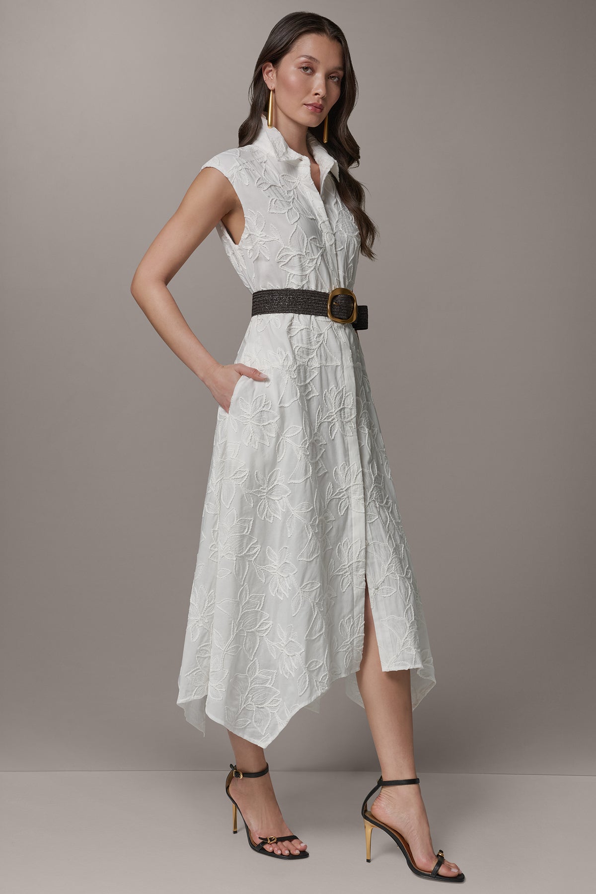Donna Karan Women's Collared Neck Belted Midi Dress - White