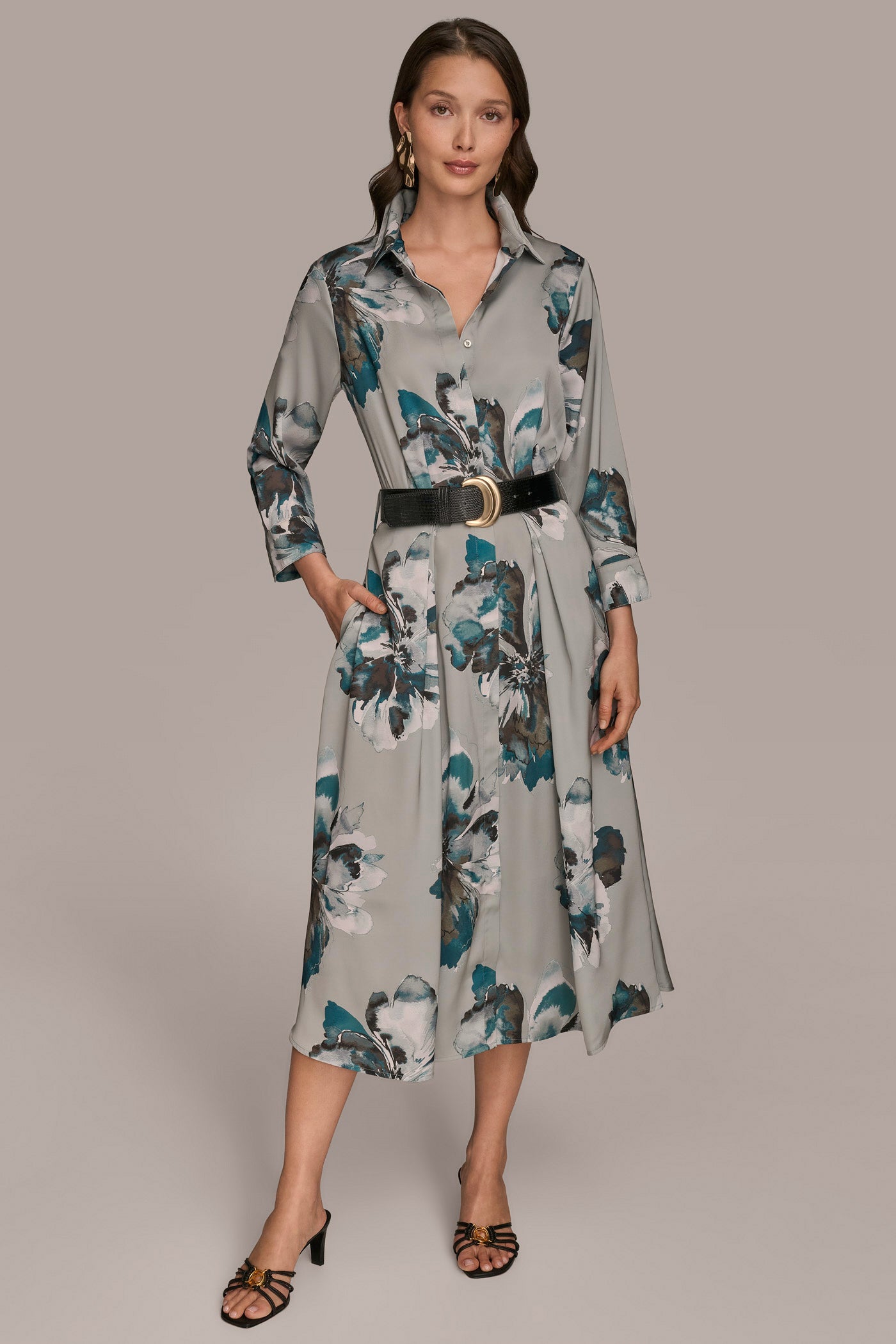 BELTED FLORAL MIDI SHIRT DRESS | View 1 | Essential Dresses BELTED FLORAL MIDI SHIRT DRESS | View 1 | Essential Dresses