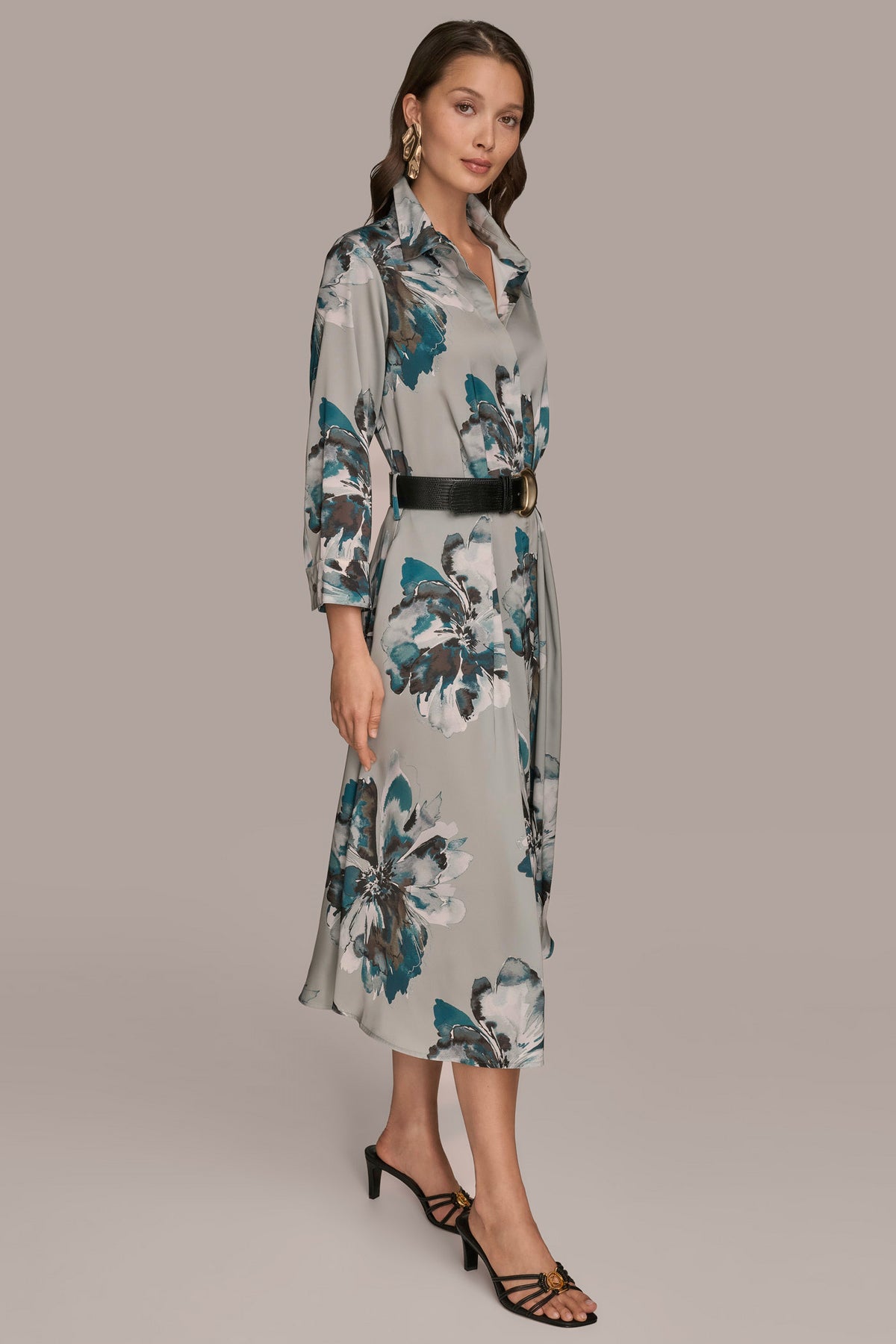 3/4 Sleeve Satin Floral Midi Shirt Dress | Shirt Dress