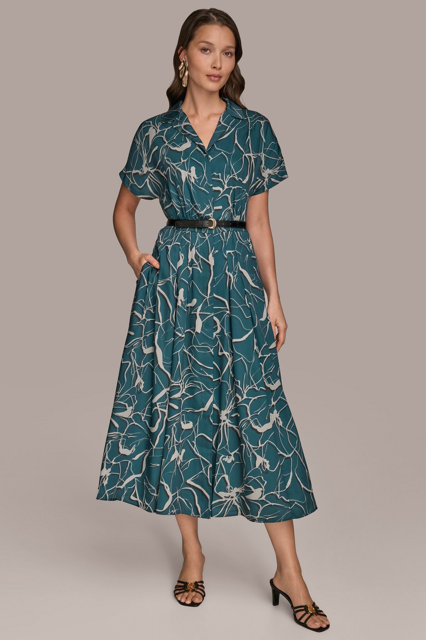 BELTED PRINTED MIDI SHIRT DRESS | View 1 | Essential Dresses BELTED PRINTED MIDI SHIRT DRESS | View 1 | Essential Dresses