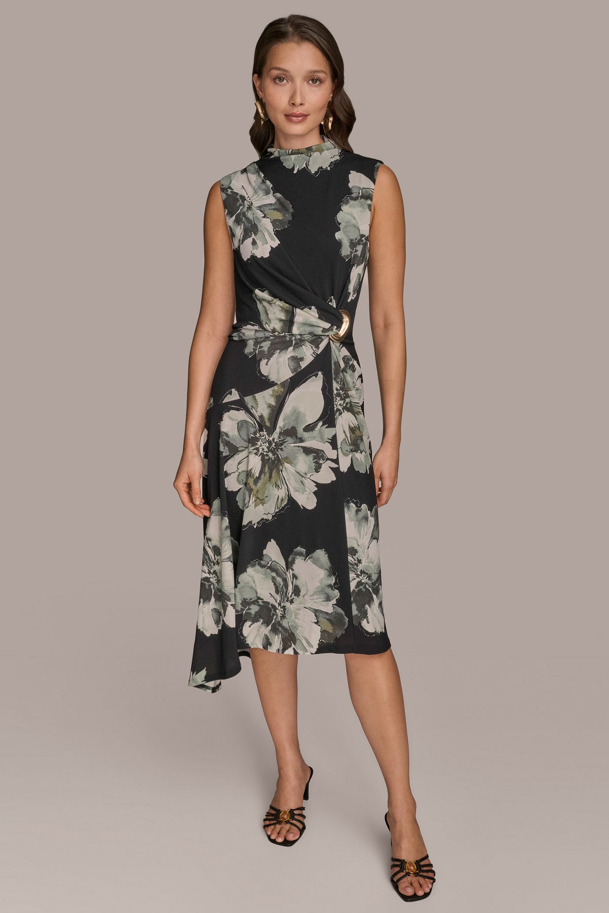 Donna Karan Women's Sleeveless Floral Twist Asymmetric Dress in Black Donna Karan Women's Sleeveless Floral Twist Asymmetric Dress in Black