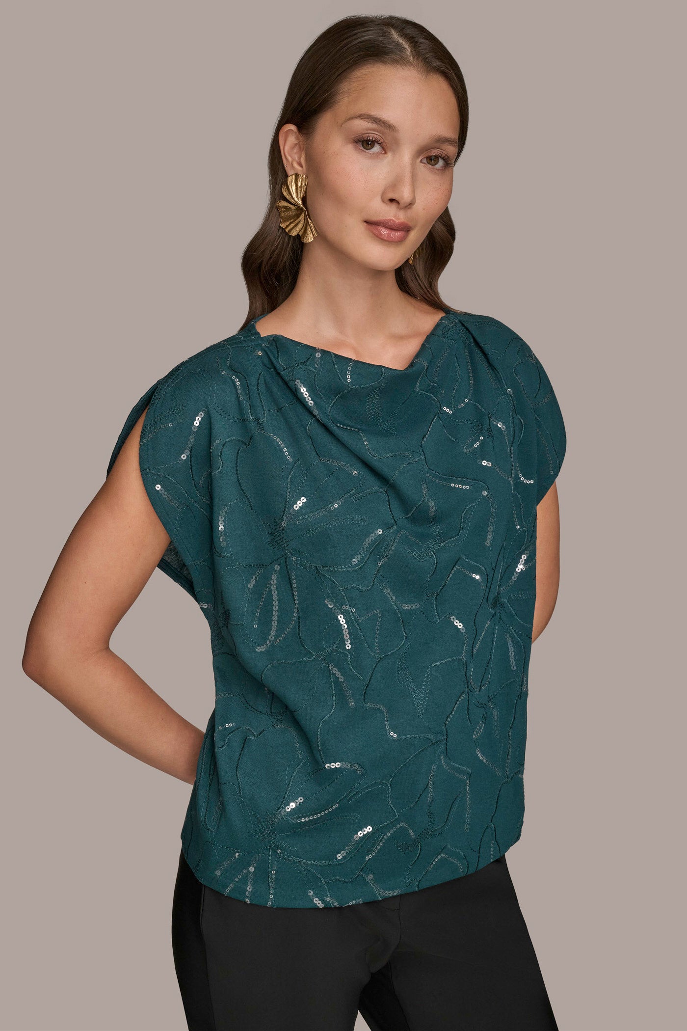 SHORT SLEEVE COWL-NECK SEQUIN TOP VIEW 3 SHORT SLEEVE COWL-NECK SEQUIN TOP VIEW 3