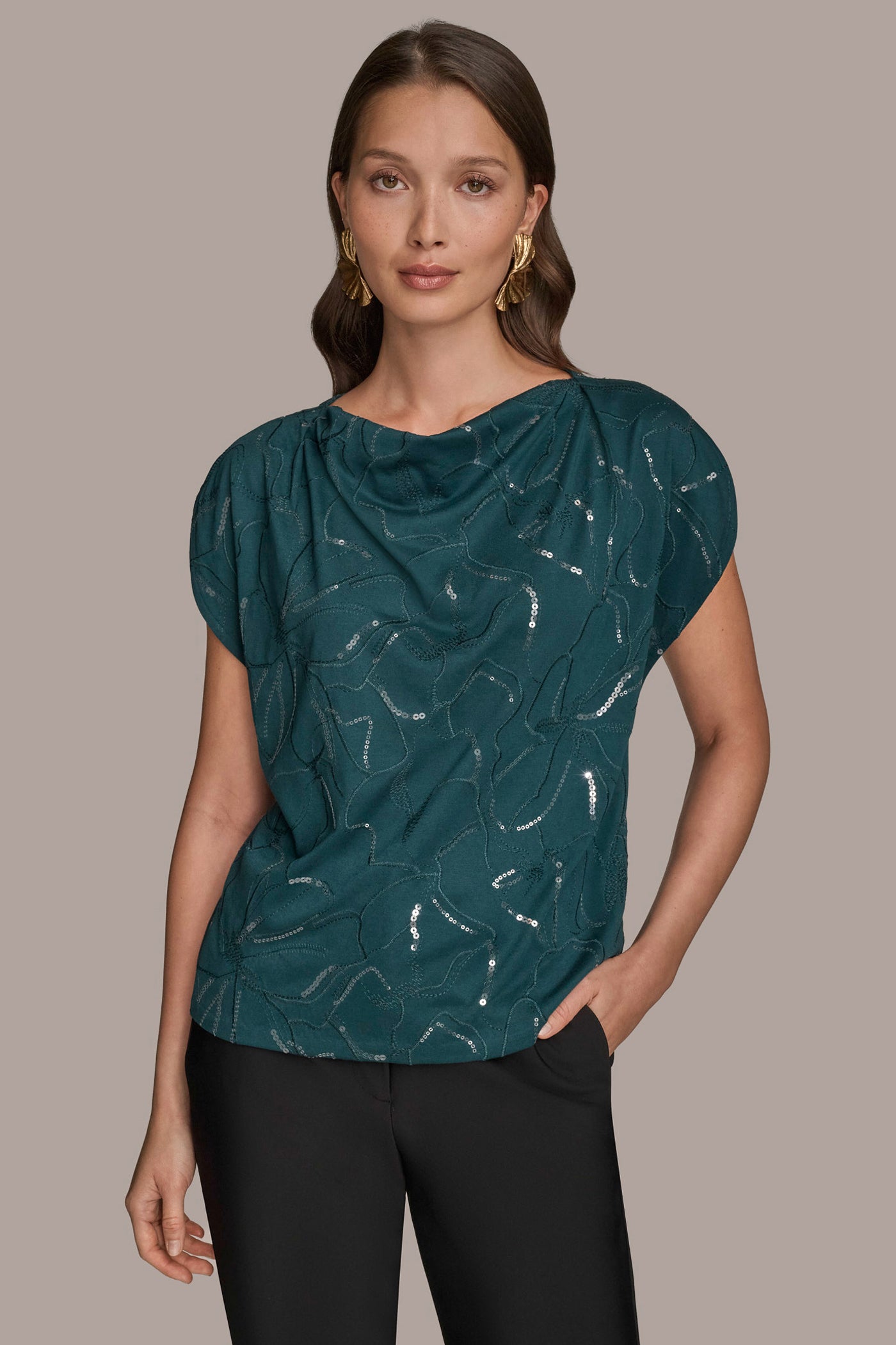 SEQUIN-EMBELLISHED EMBROIDERED DRAPED TOP | View 1 | Tops & Sweaters SEQUIN-EMBELLISHED EMBROIDERED DRAPED TOP | View 1 | Tops & Sweaters