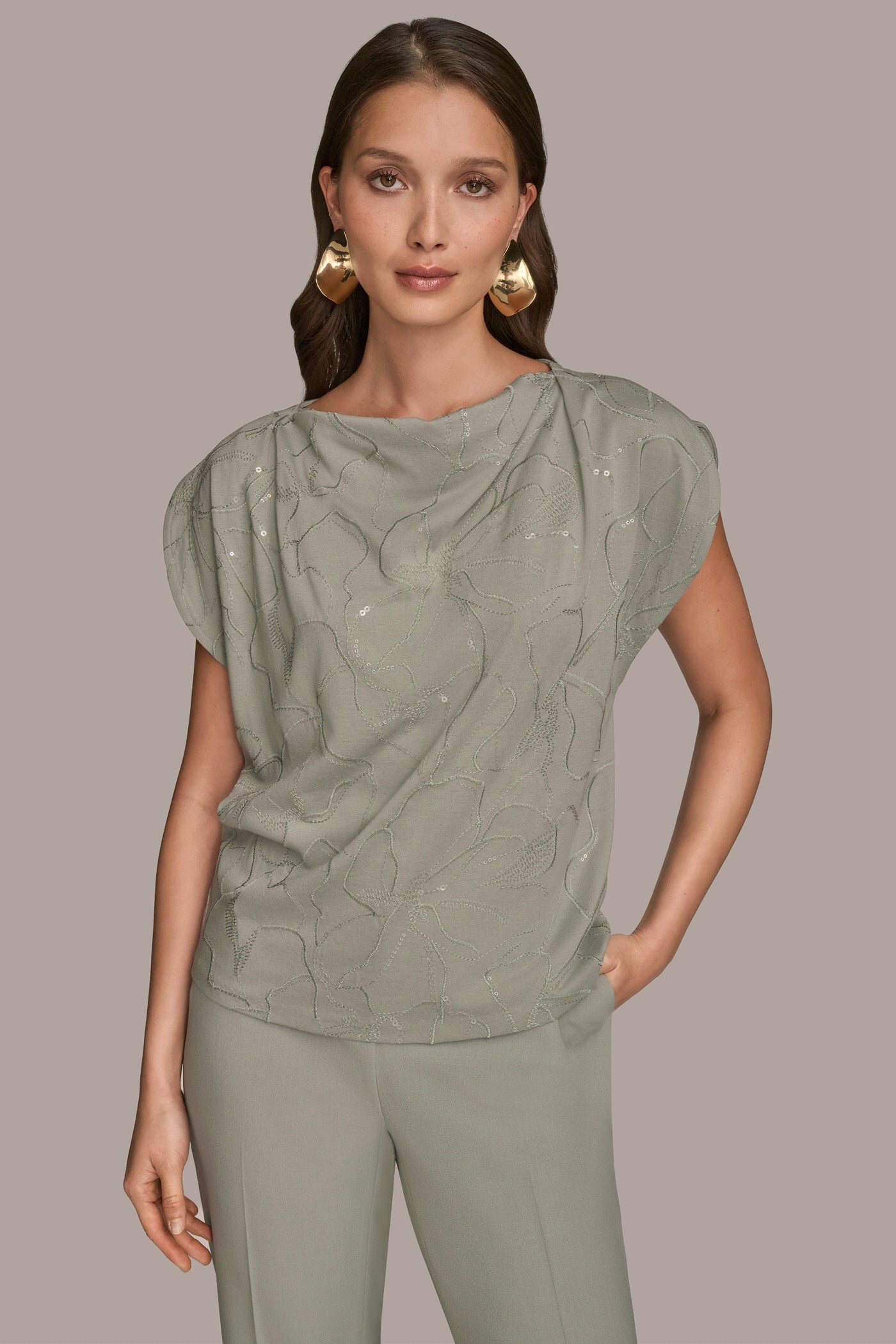 SEQUIN-EMBELLISHED EMBROIDERED DRAPED TOP | View 1 | Tops & Sweaters SEQUIN-EMBELLISHED EMBROIDERED DRAPED TOP | View 1 | Tops & Sweaters