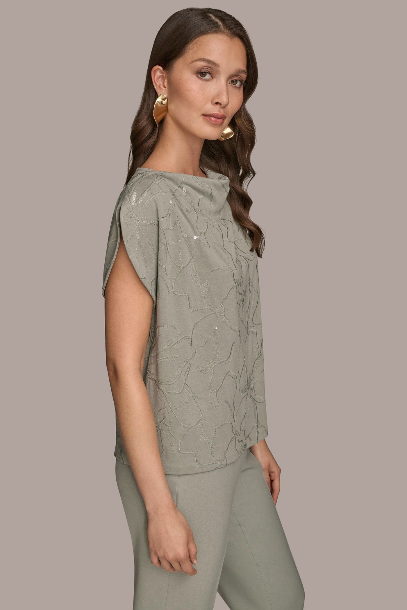 SHORT SLEEVE COWL-NECK SEQUIN TOP VIEW 3 SHORT SLEEVE COWL-NECK SEQUIN TOP VIEW 3