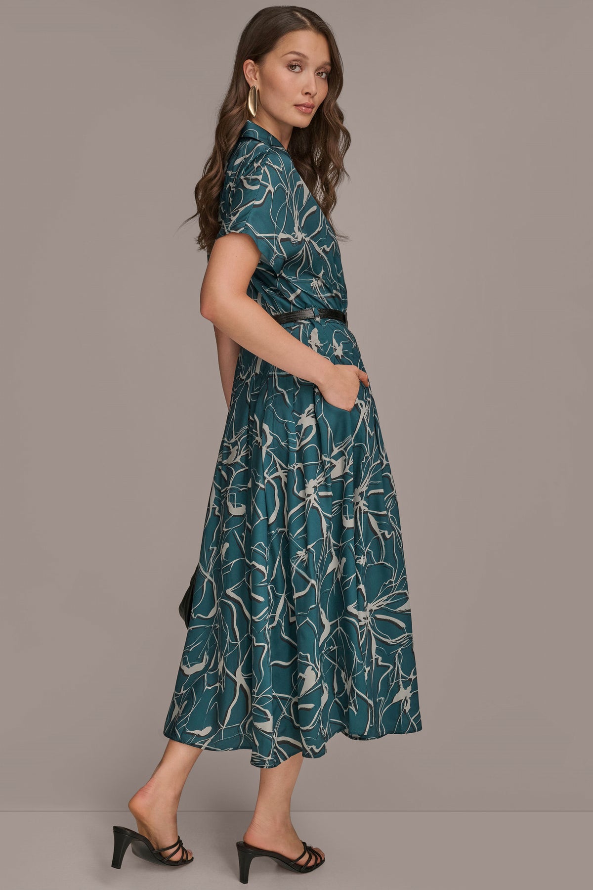 Short Sleeve Floral Midi Shirt Dress | Donna Karan