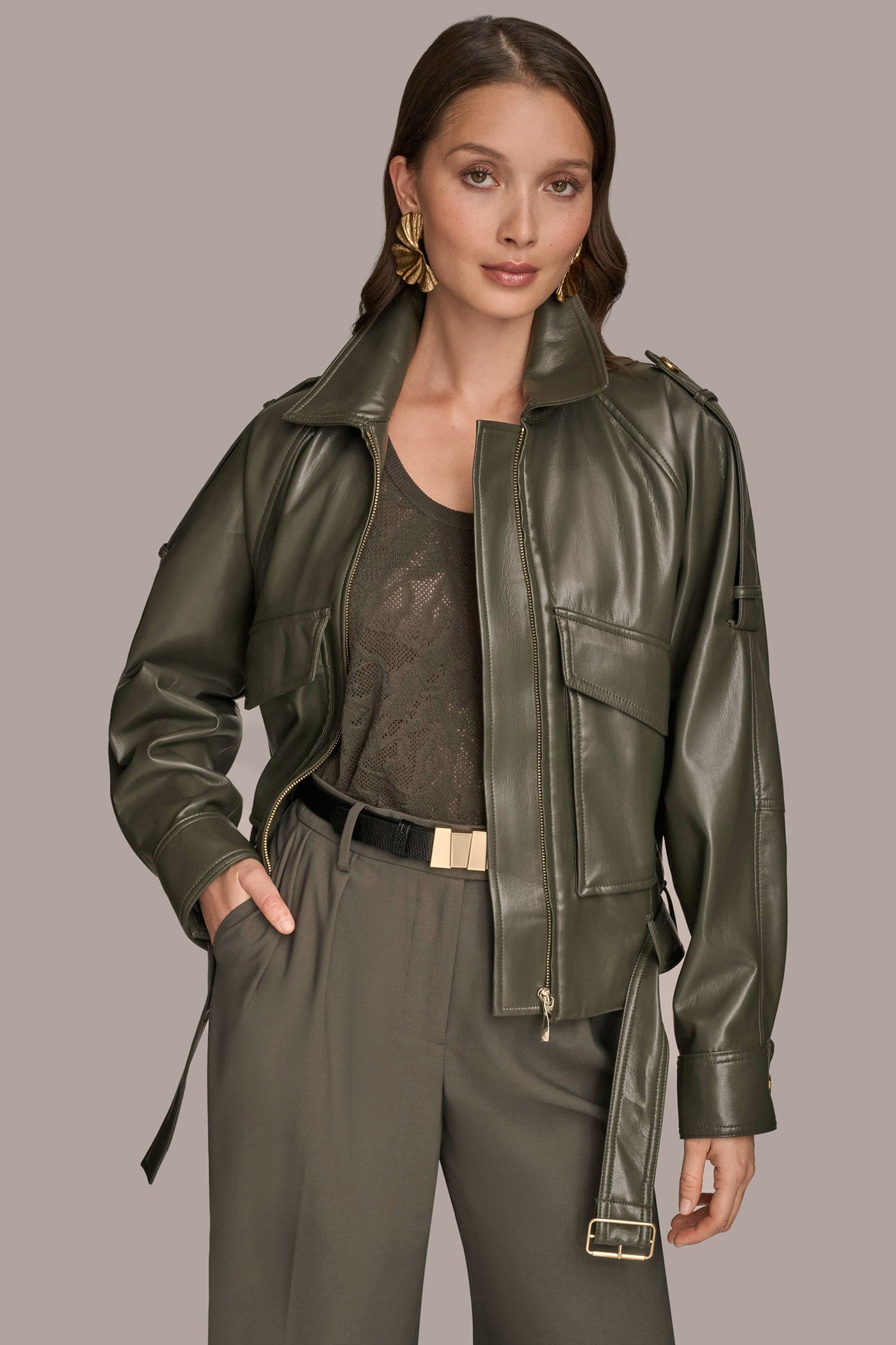 BELTED FAUX LEATHER BIKER JACKET VIEW 4 BELTED FAUX LEATHER BIKER JACKET VIEW 4