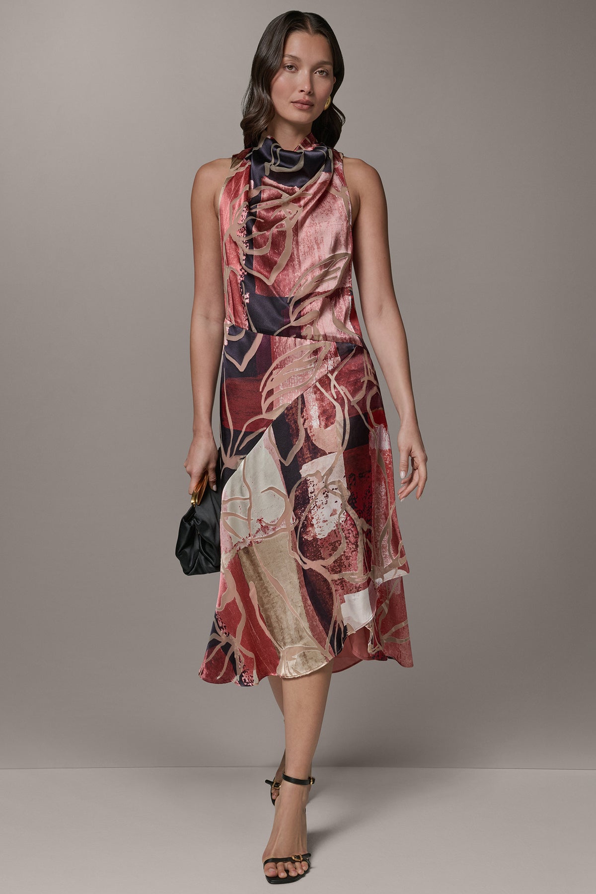 Donna Karan Women's Sleeveless Cowl Neck Midi A-Line Dress in Burnout Multi