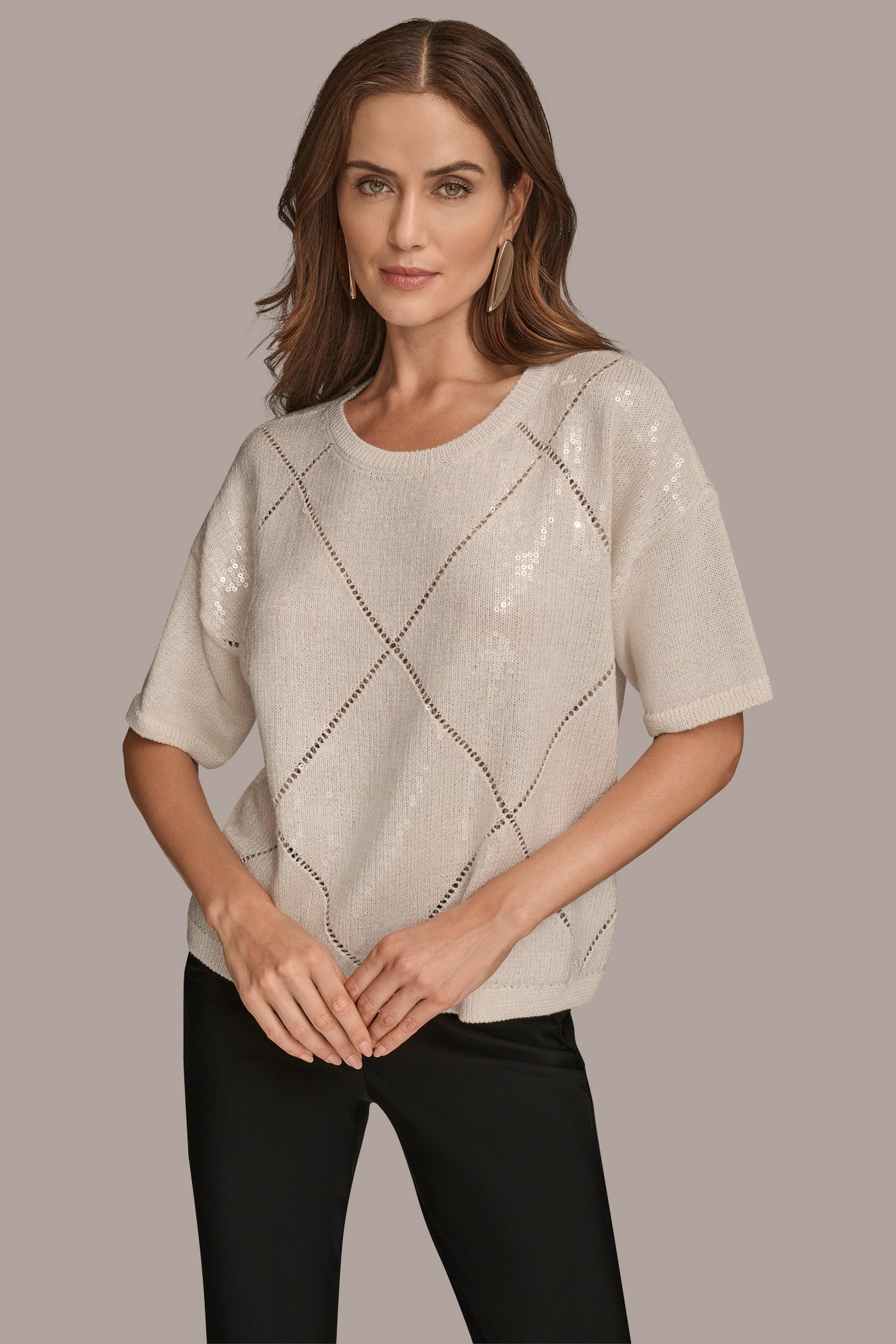 SEQUIN-PANELED DIAMOND STITCH SWEATER | View 1 | Included in discounts SEQUIN-PANELED DIAMOND STITCH SWEATER | View 1 | Included in discounts