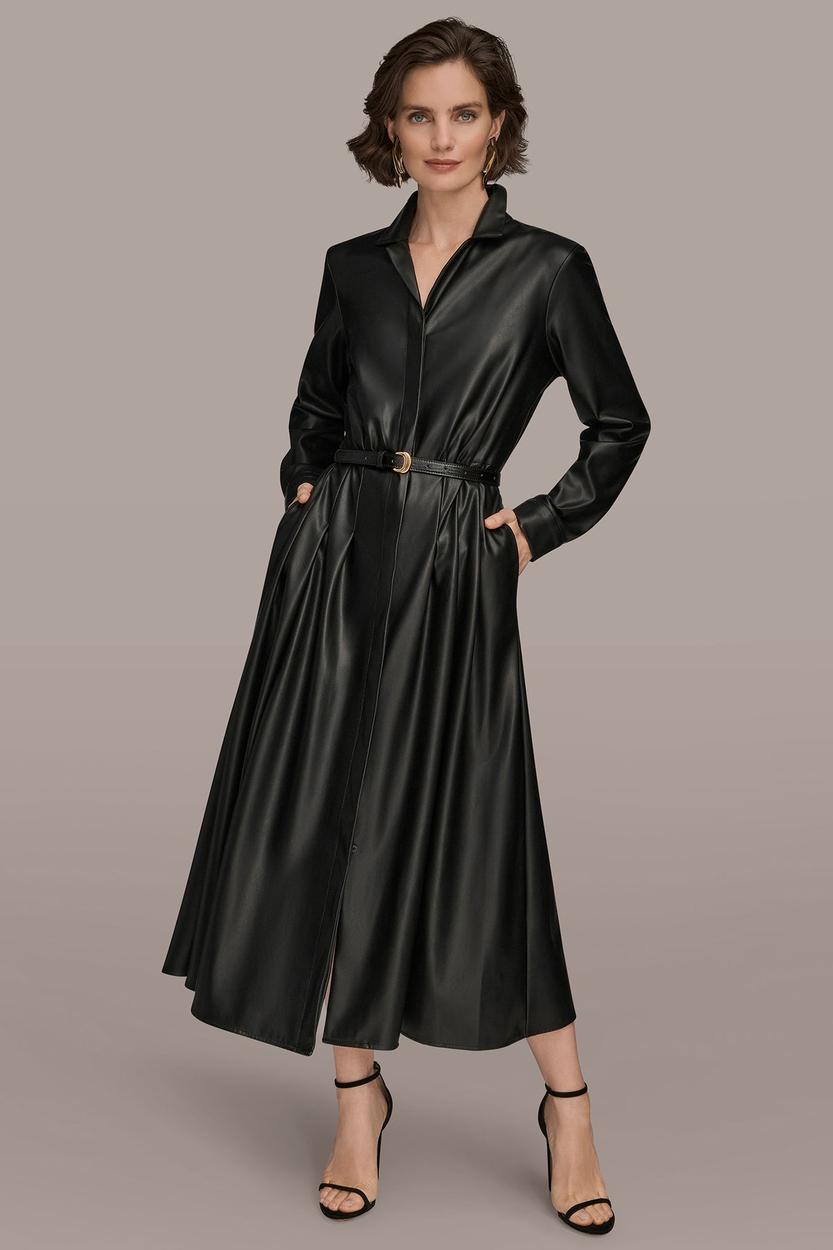 Long Sleeve Faux Leather Midi Shirt Dress | Donna Karan Long Sleeve Faux Leather Midi Shirt Dress | Donna Karan