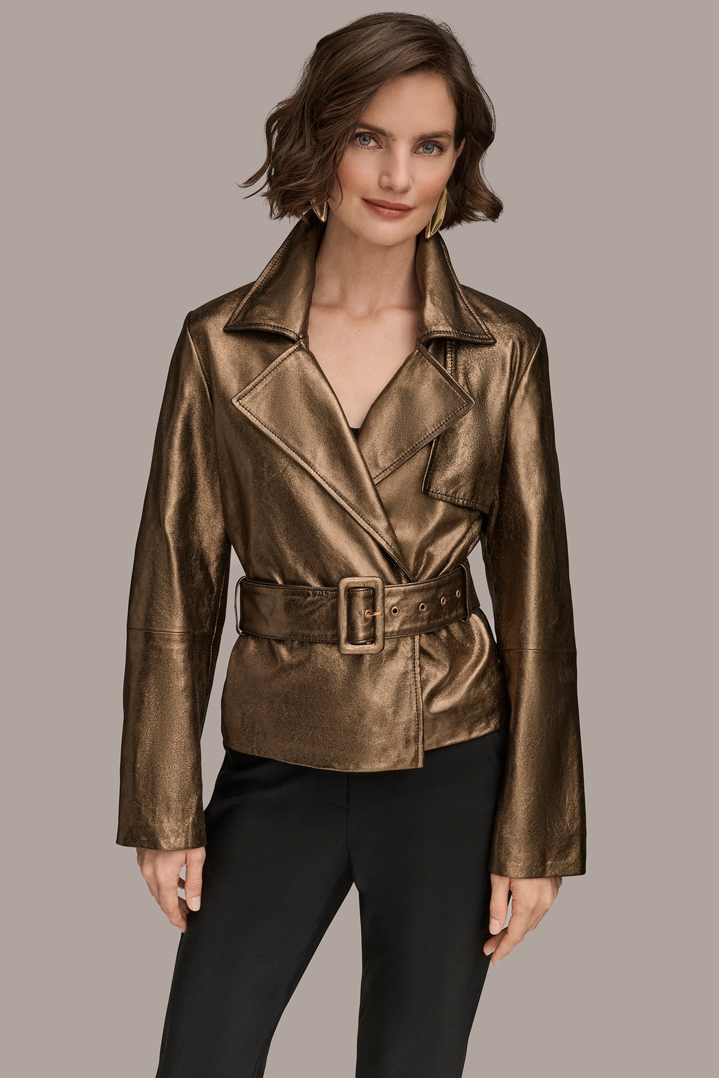 Distressed Metallic Jacket with Belt | View 1 | Clothing Distressed Metallic Jacket with Belt | View 1 | Clothing