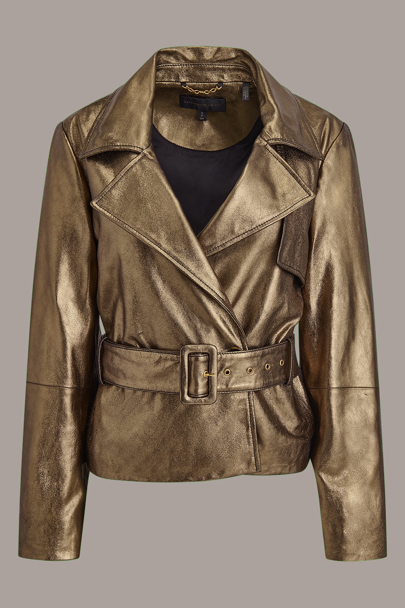Distressed Metallic Jacket with Belt | View 2 | Clothing Distressed Metallic Jacket with Belt | View 2 | Clothing