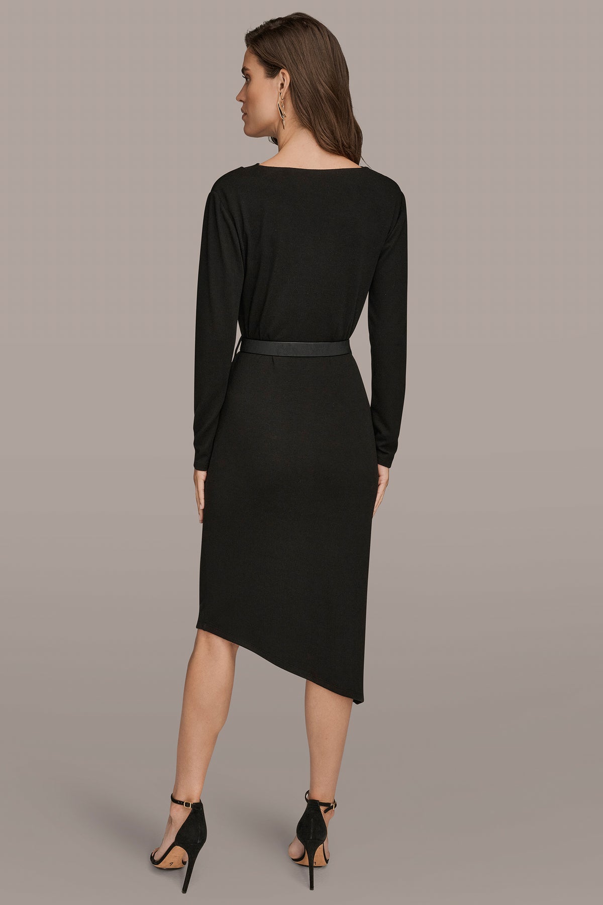 Donna Karan Women's Long Sleeve Midi Asymmetric Sheath Dress in Black Donna Karan Women's Long Sleeve Midi Asymmetric Sheath Dress in Black