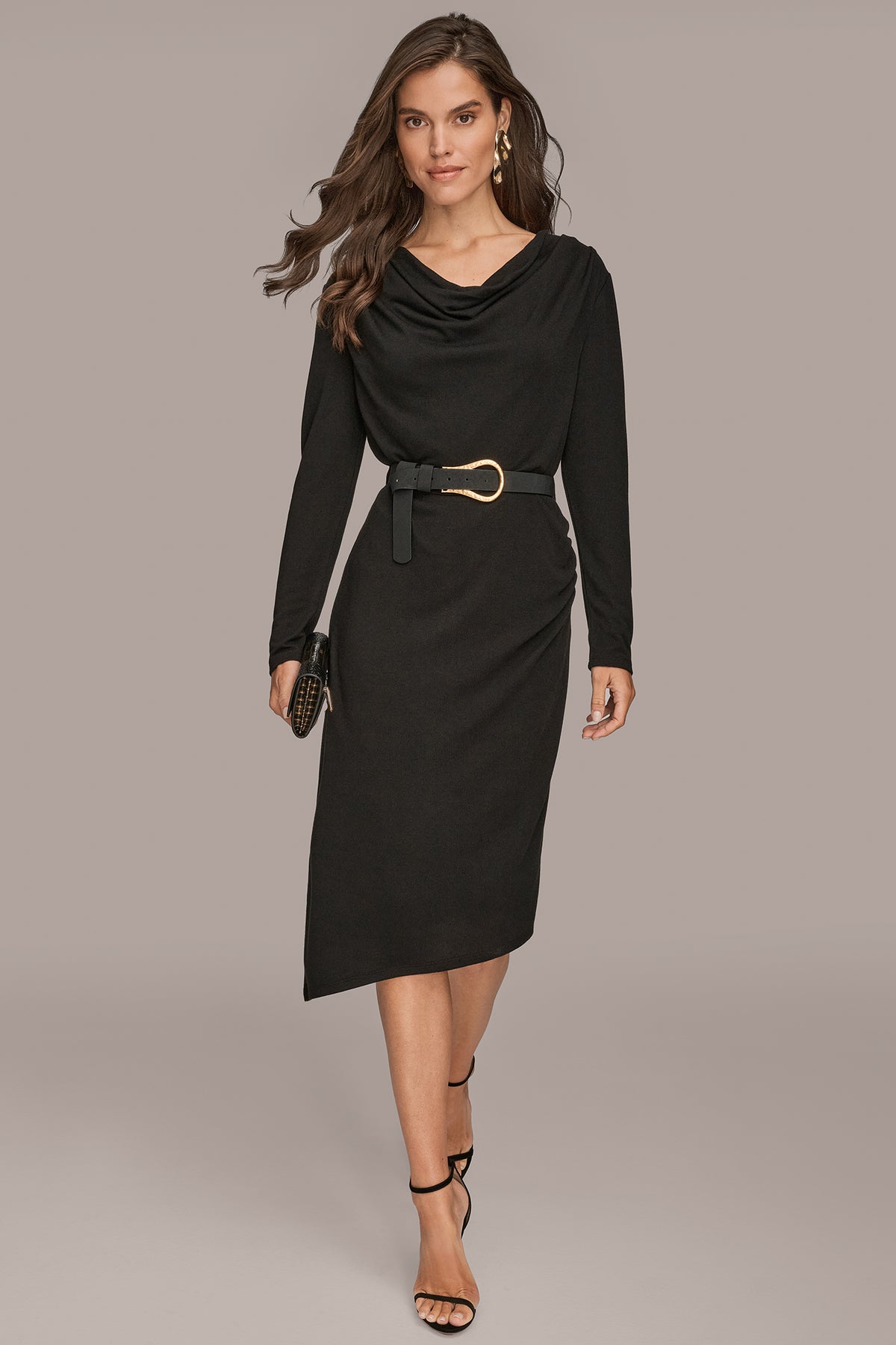 knee length dresses for ladies Donna Karan Women's Long Sleeve Midi Asymmetric Sheath Dress in Black
