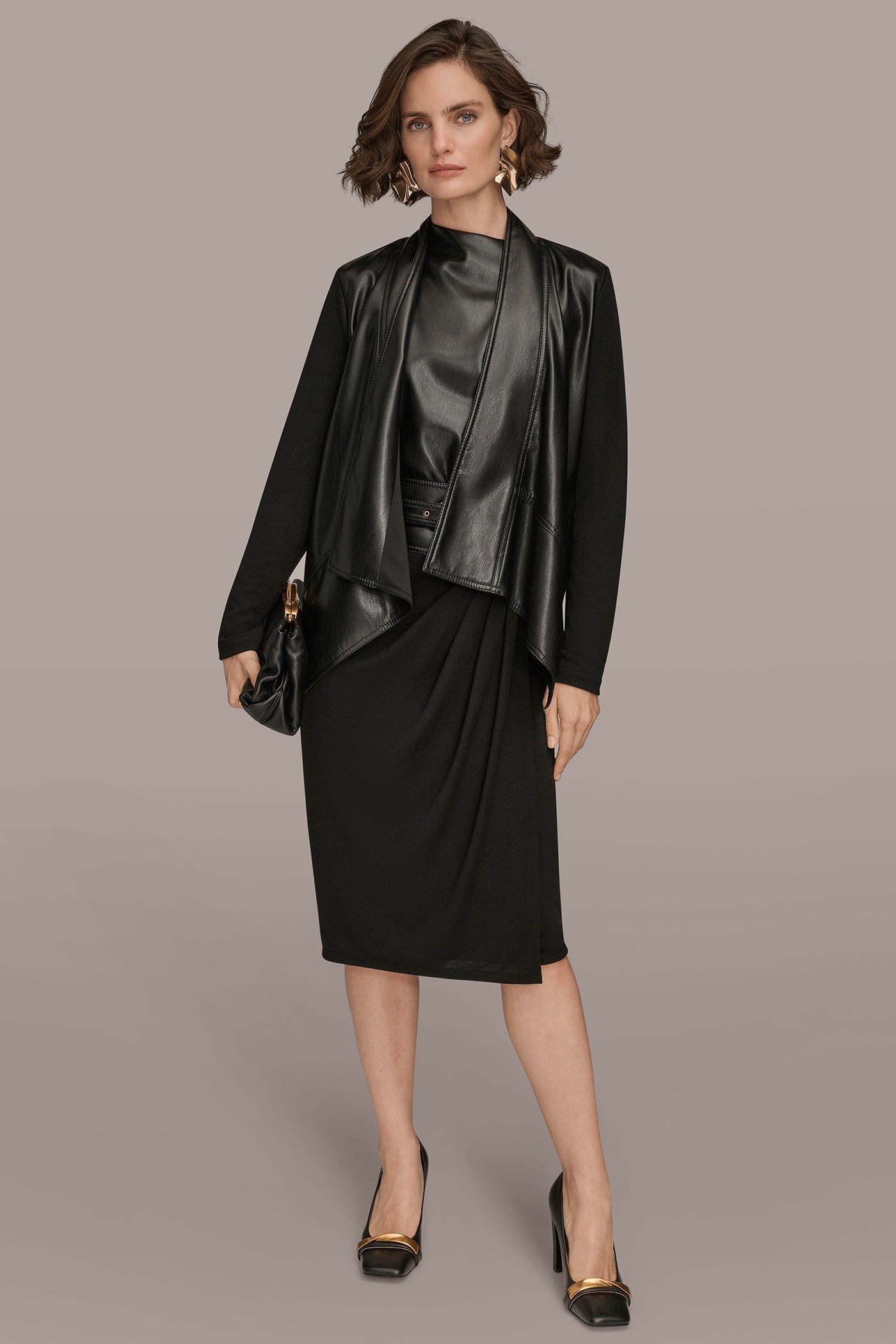 FAUX-LEATHER PANELED DRAPED OPEN-FRONT JACKET VIEW 5 | Blazers & Vests FAUX-LEATHER PANELED DRAPED OPEN-FRONT JACKET VIEW 5 | Blazers & Vests