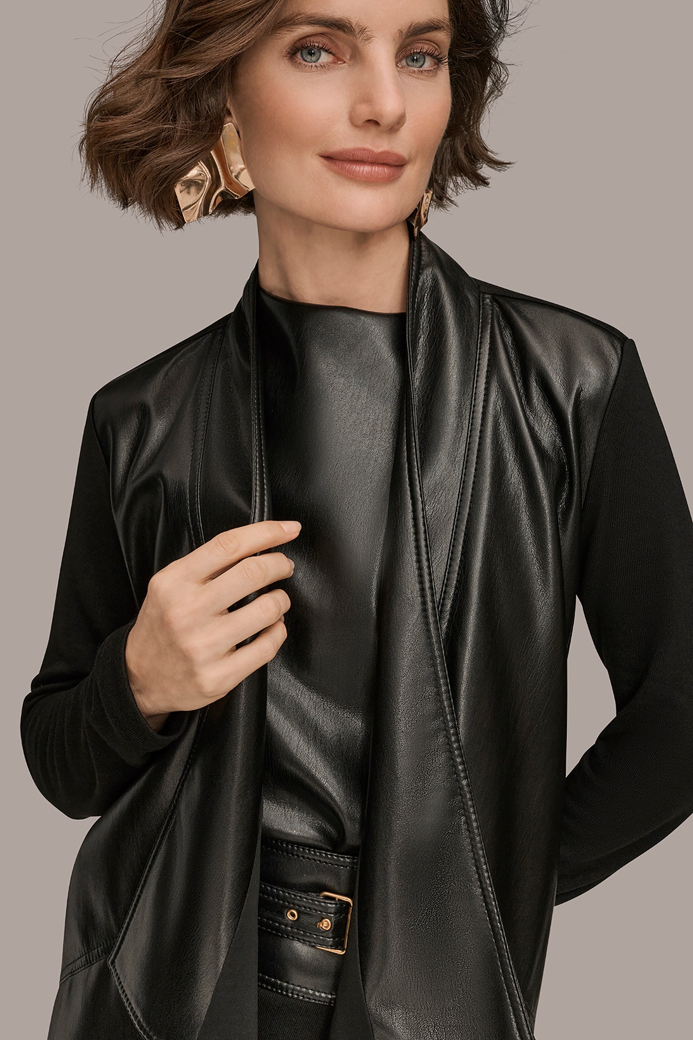 FAUX-LEATHER PANELED DRAPED OPEN-FRONT JACKET VIEW 4 | Blazers & Vests FAUX-LEATHER PANELED DRAPED OPEN-FRONT JACKET VIEW 4 | Blazers & Vests