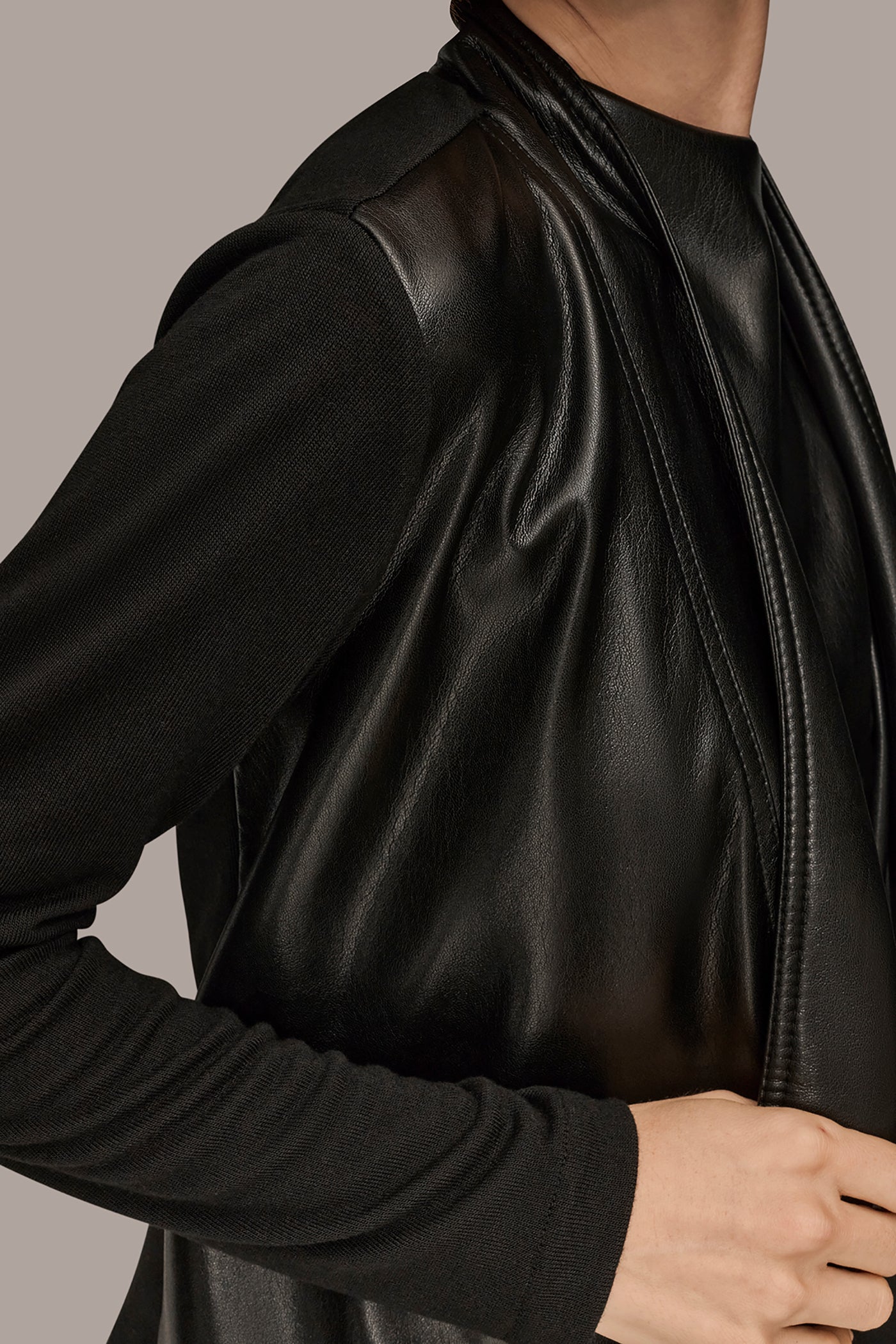FAUX-LEATHER PANELED DRAPED OPEN-FRONT JACKET VIEW 3 | Blazers & Vests FAUX-LEATHER PANELED DRAPED OPEN-FRONT JACKET VIEW 3 | Blazers & Vests