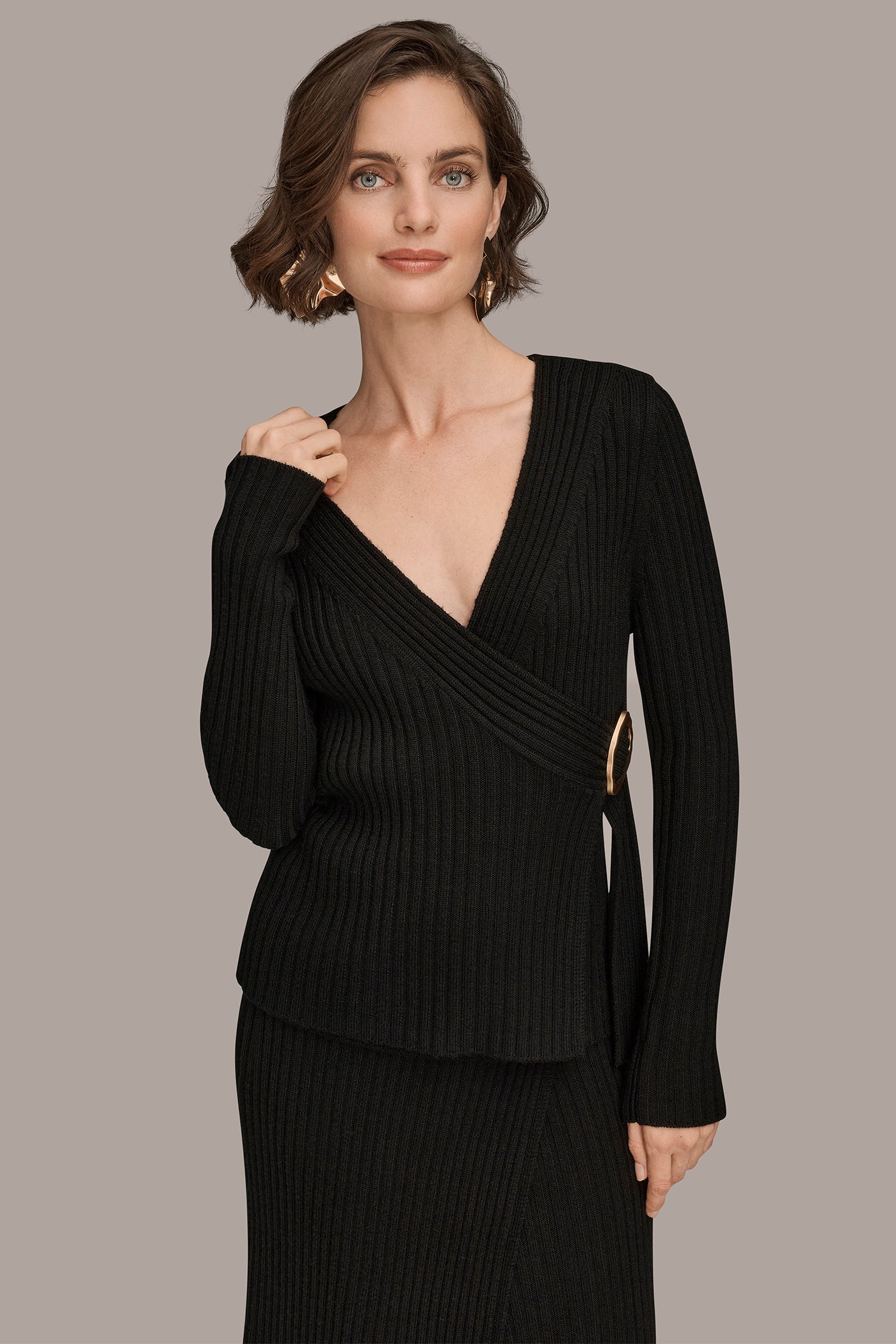 WRAP-EFFECT EMBELLISHED RIBBED SWEATER | View 1 | Suits and Separates WRAP-EFFECT EMBELLISHED RIBBED SWEATER | View 1 | Suits and Separates