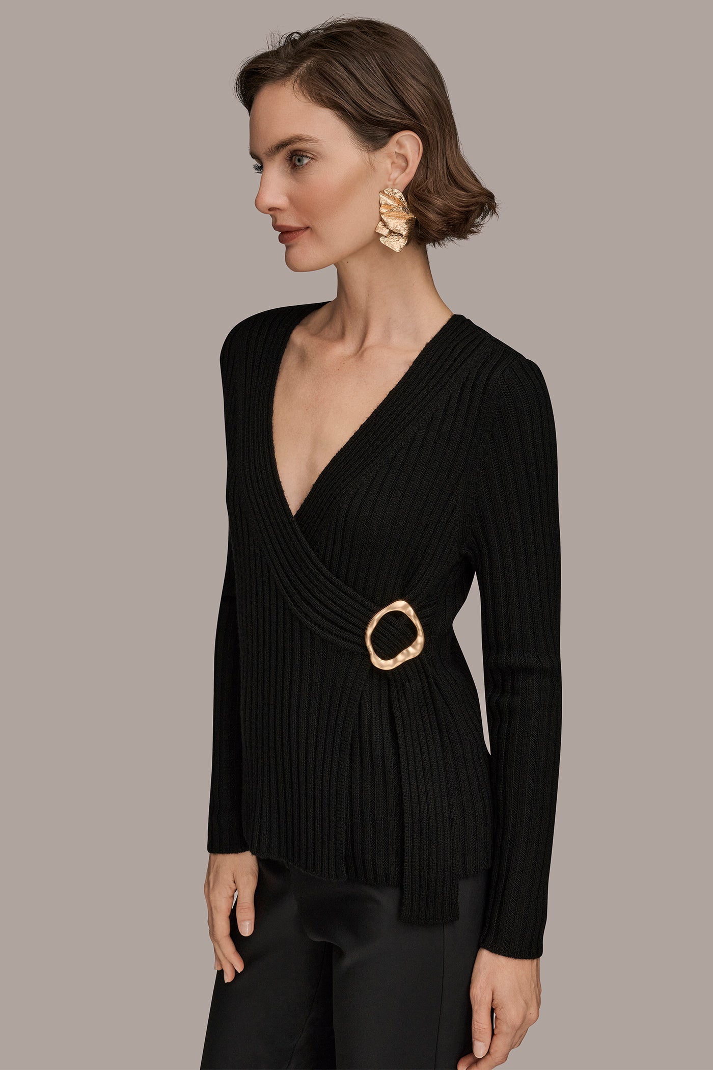LONG-SLEEVE WRAP-EFFECT V-NECK SWEATER VIEW 3 | Suits and Separates LONG-SLEEVE WRAP-EFFECT V-NECK SWEATER VIEW 3 | Suits and Separates