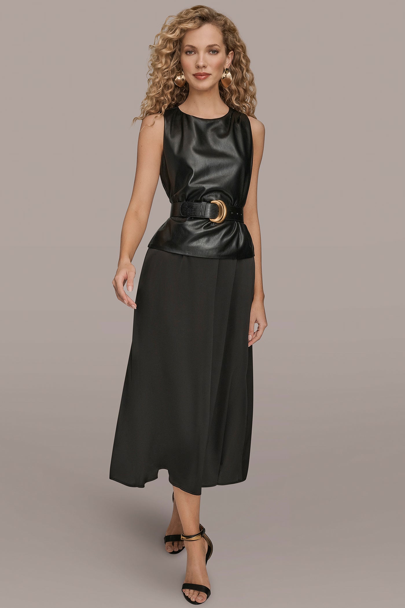 FAUX LEATHER MIXED MEDIA MIDI DRESS | View 1 | Black Dresses FAUX LEATHER MIXED MEDIA MIDI DRESS | View 1 | Black Dresses