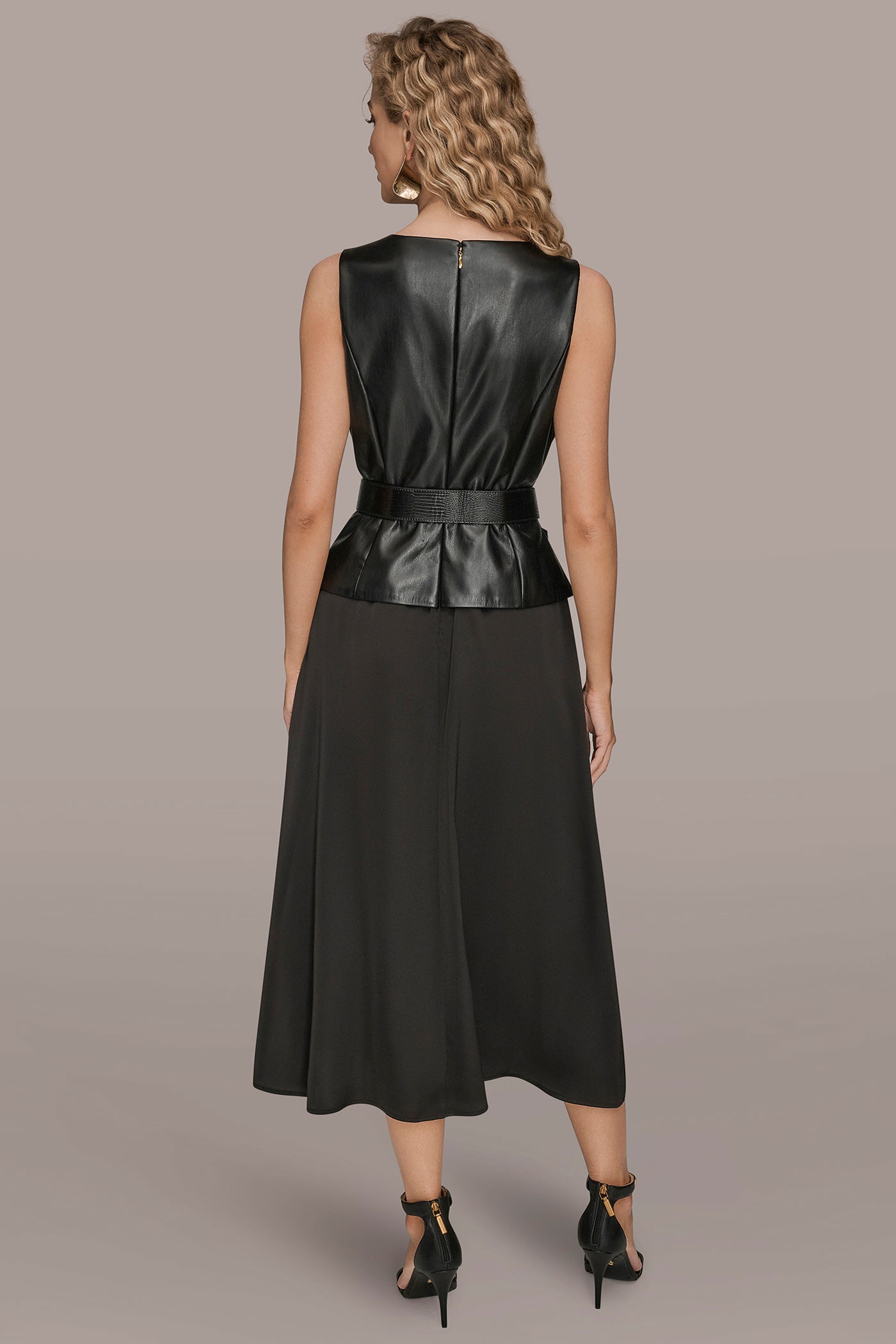 FAUX LEATHER MIXED MEDIA MIDI DRESS | View 2 | Black Dresses FAUX LEATHER MIXED MEDIA MIDI DRESS | View 2 | Black Dresses