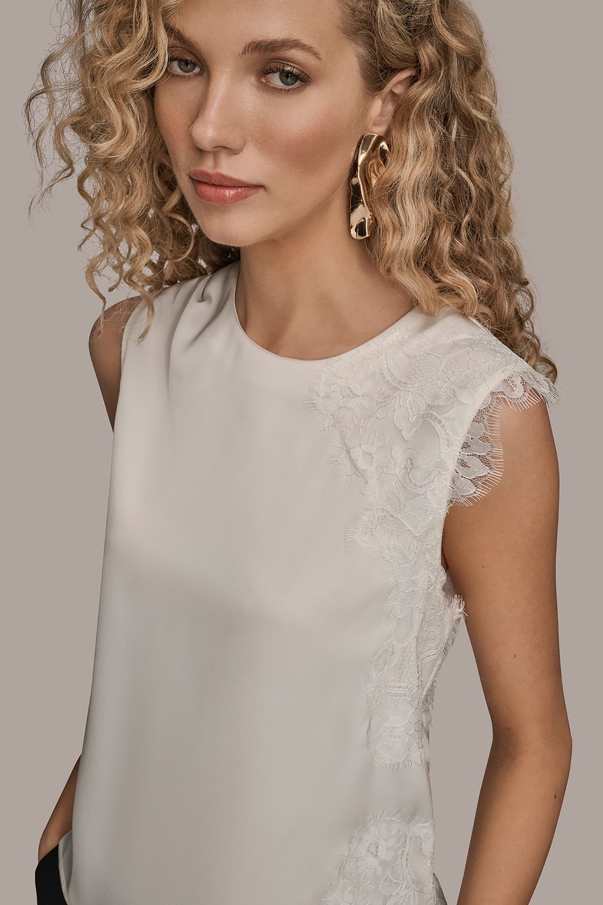 Sleeveless Lace Trim Crepe Blouse | Blouse | Donna Karan