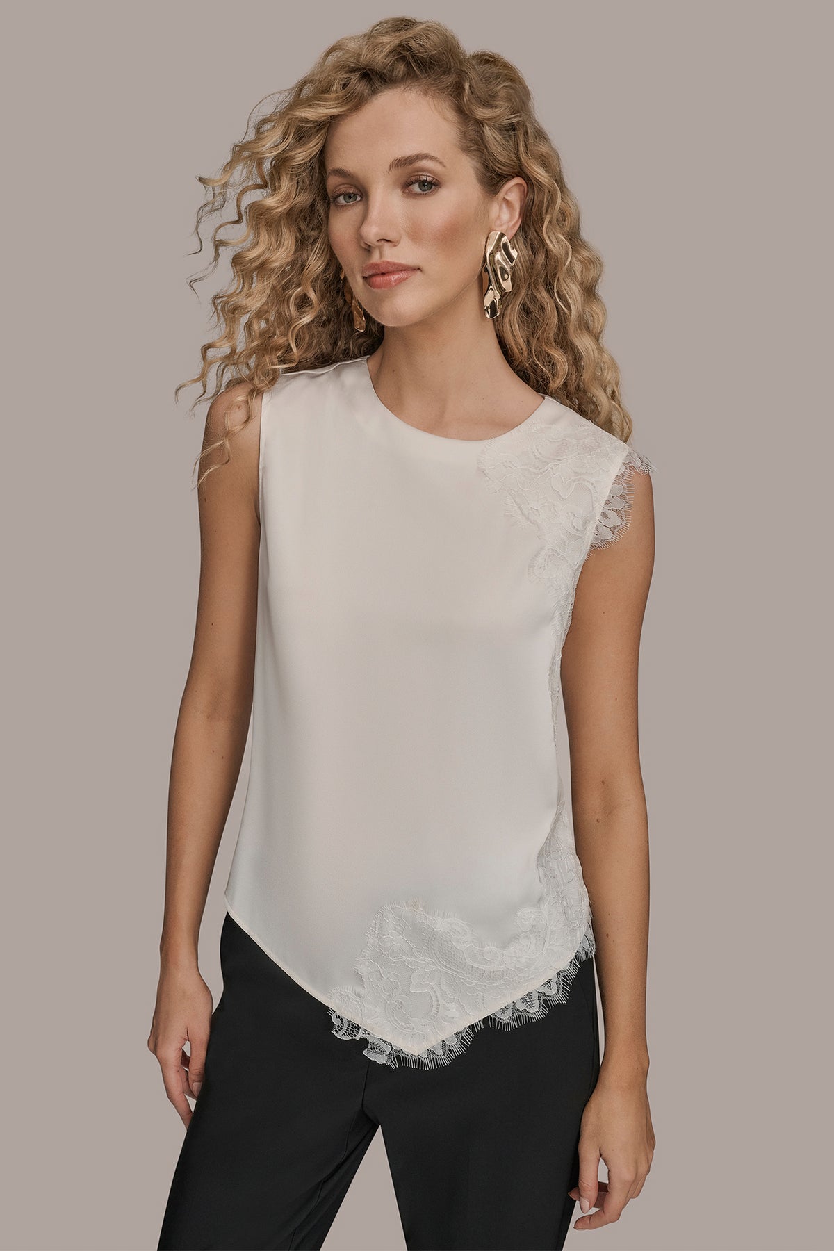 Sleeveless Lace Trim Crepe Blouse | Blouse | Donna Karan