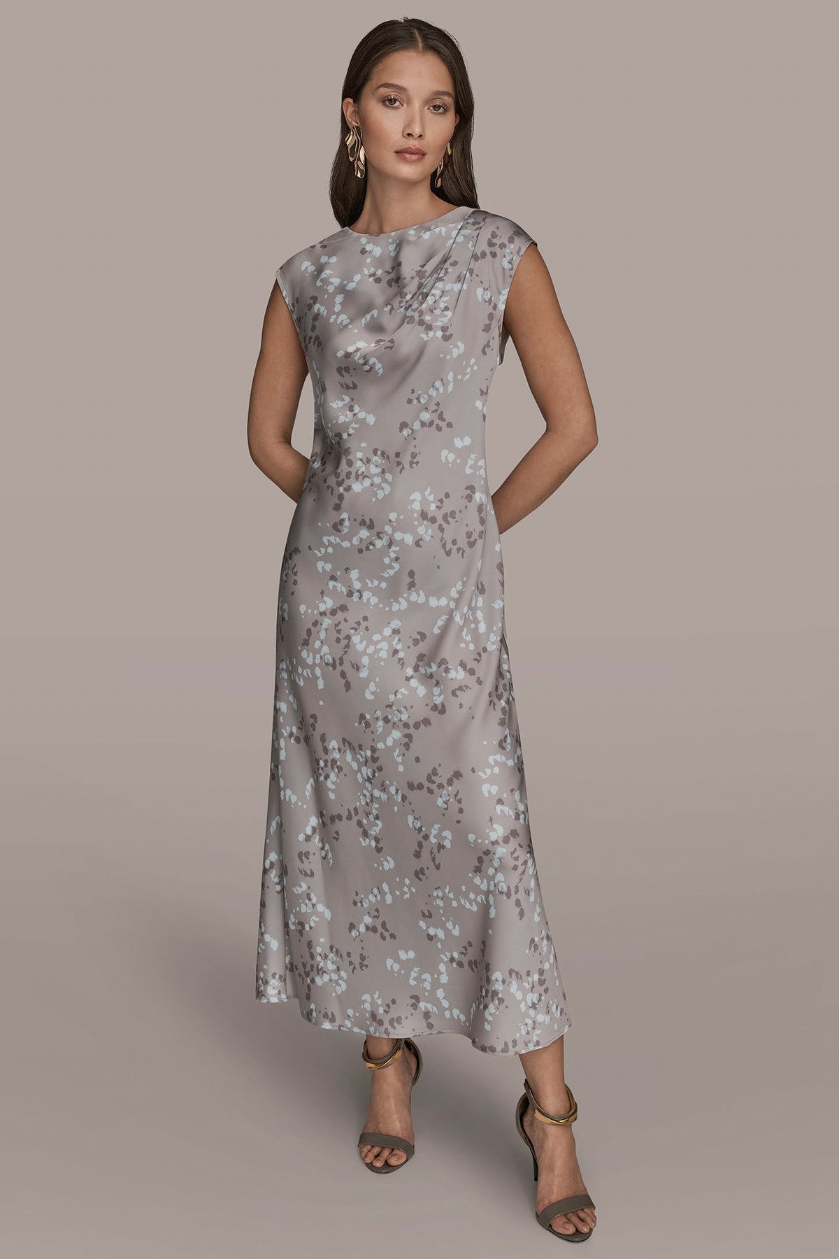 Cap Sleeve V Neck Printed Midi Dress | Sheath Dress | Donna Karan