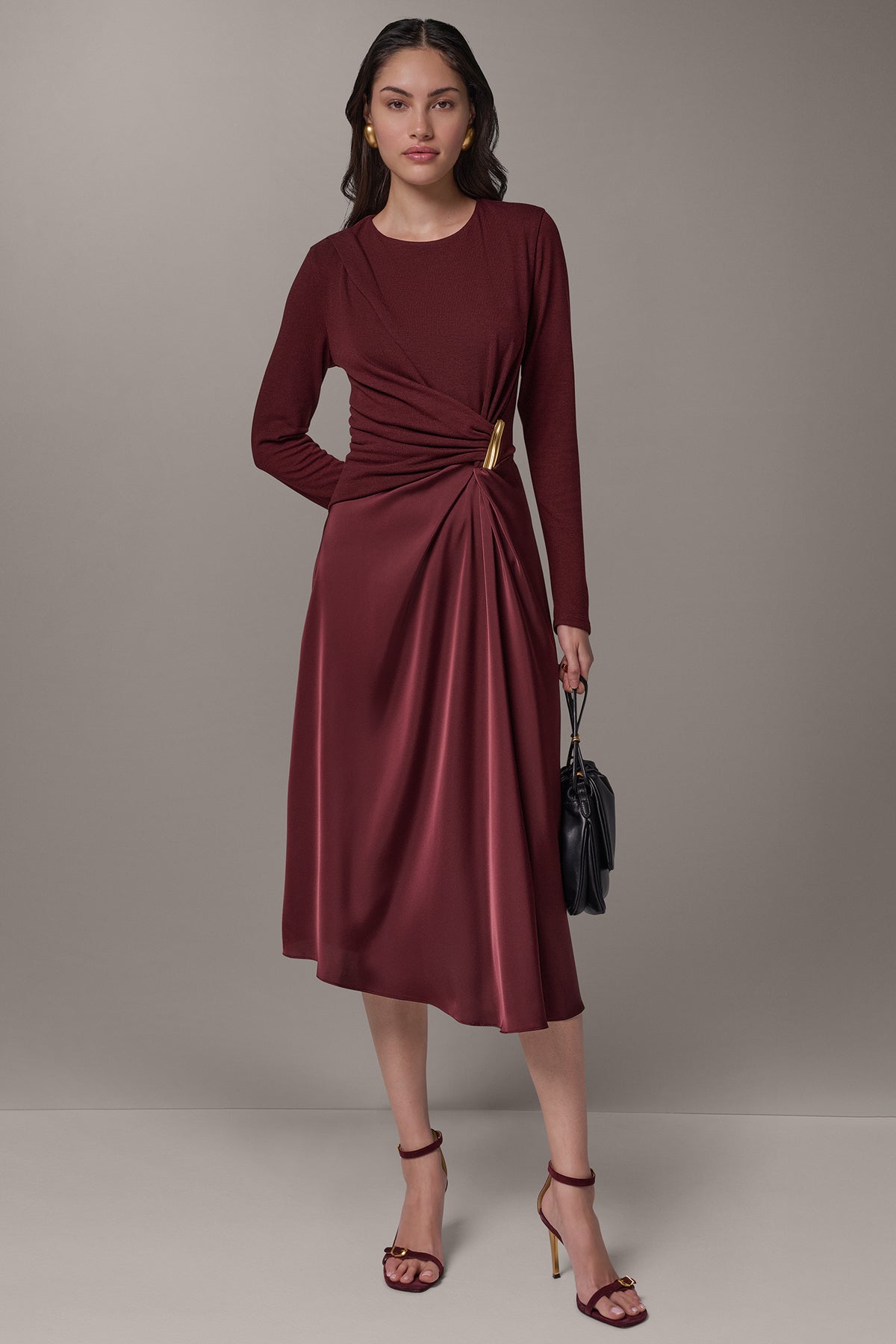 Donna Karan Women's Twist Mixed Media Midi Dress in Black Cherry Red, Size Medium