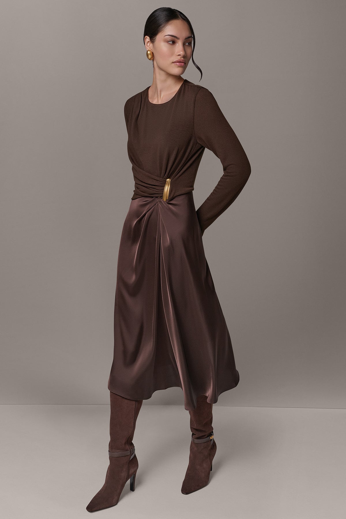Donna Karan Women's Twist Mixed Media Midi Dress in Espresso Brown, Size Large