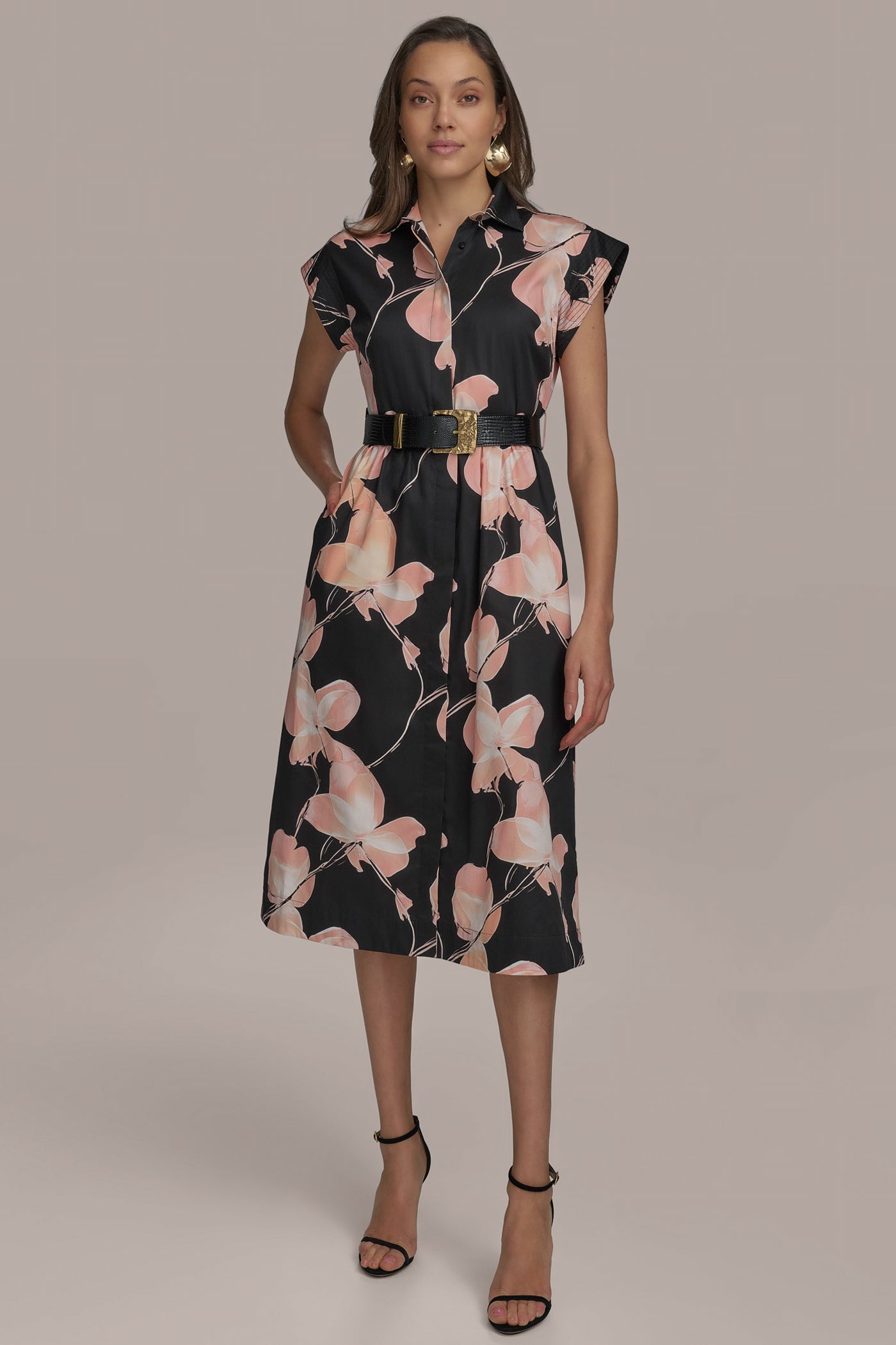 PRINT CAP SLEEVE BELTED DRESS | View 1 | Black Dresses PRINT CAP SLEEVE BELTED DRESS | View 1 | Black Dresses