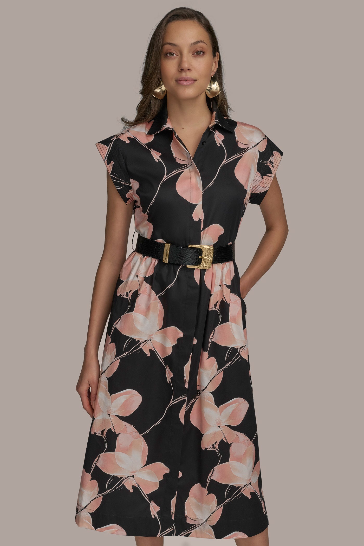 PRINT CAP SLEEVE BELTED DRESS VIEW 4 | Black Dresses PRINT CAP SLEEVE BELTED DRESS VIEW 4 | Black Dresses