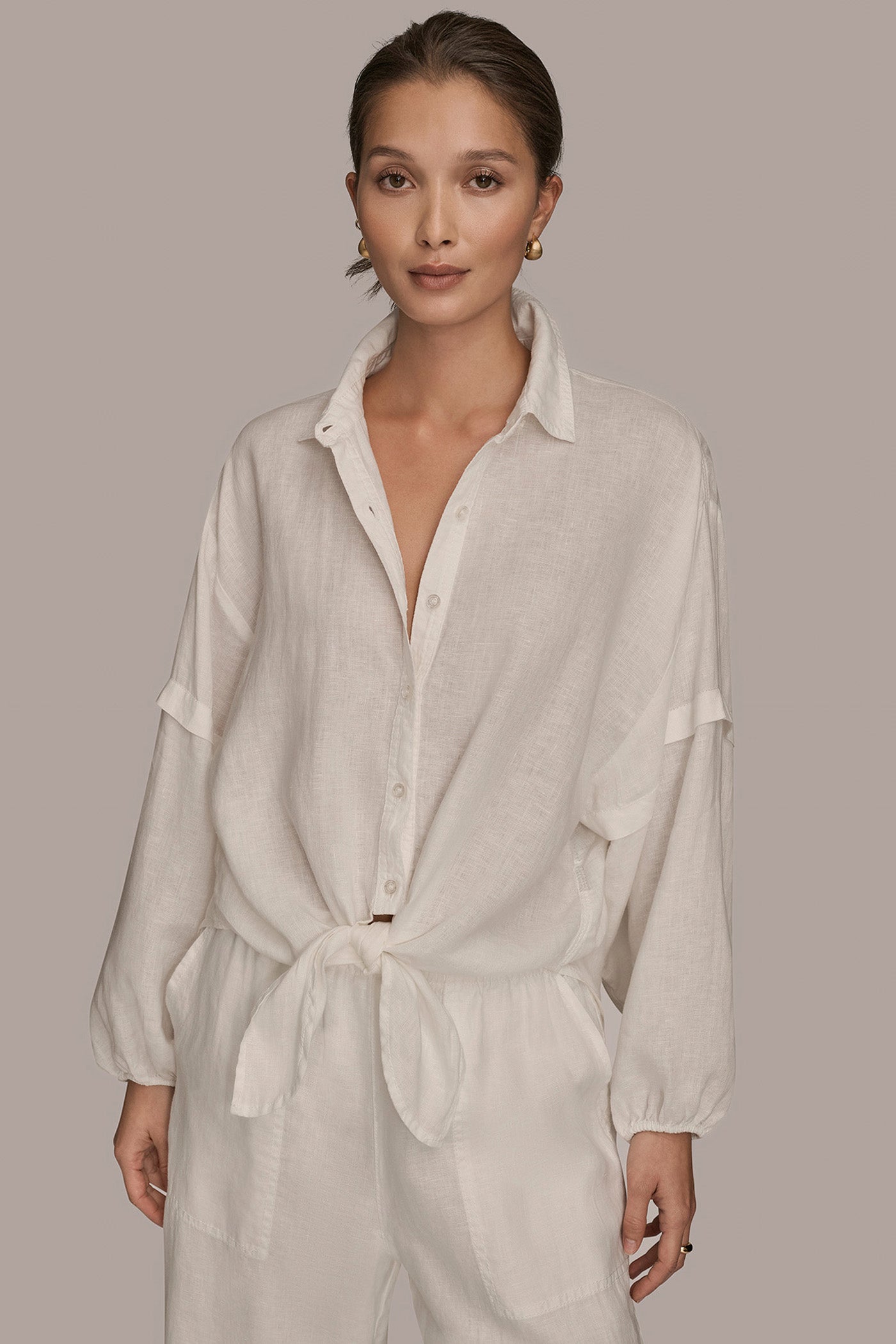 LONG BLOUSON SLEEVE BUTTON ADJUSTABLE TIE SHIRT | View 1 LONG BLOUSON SLEEVE BUTTON ADJUSTABLE TIE SHIRT | View 1