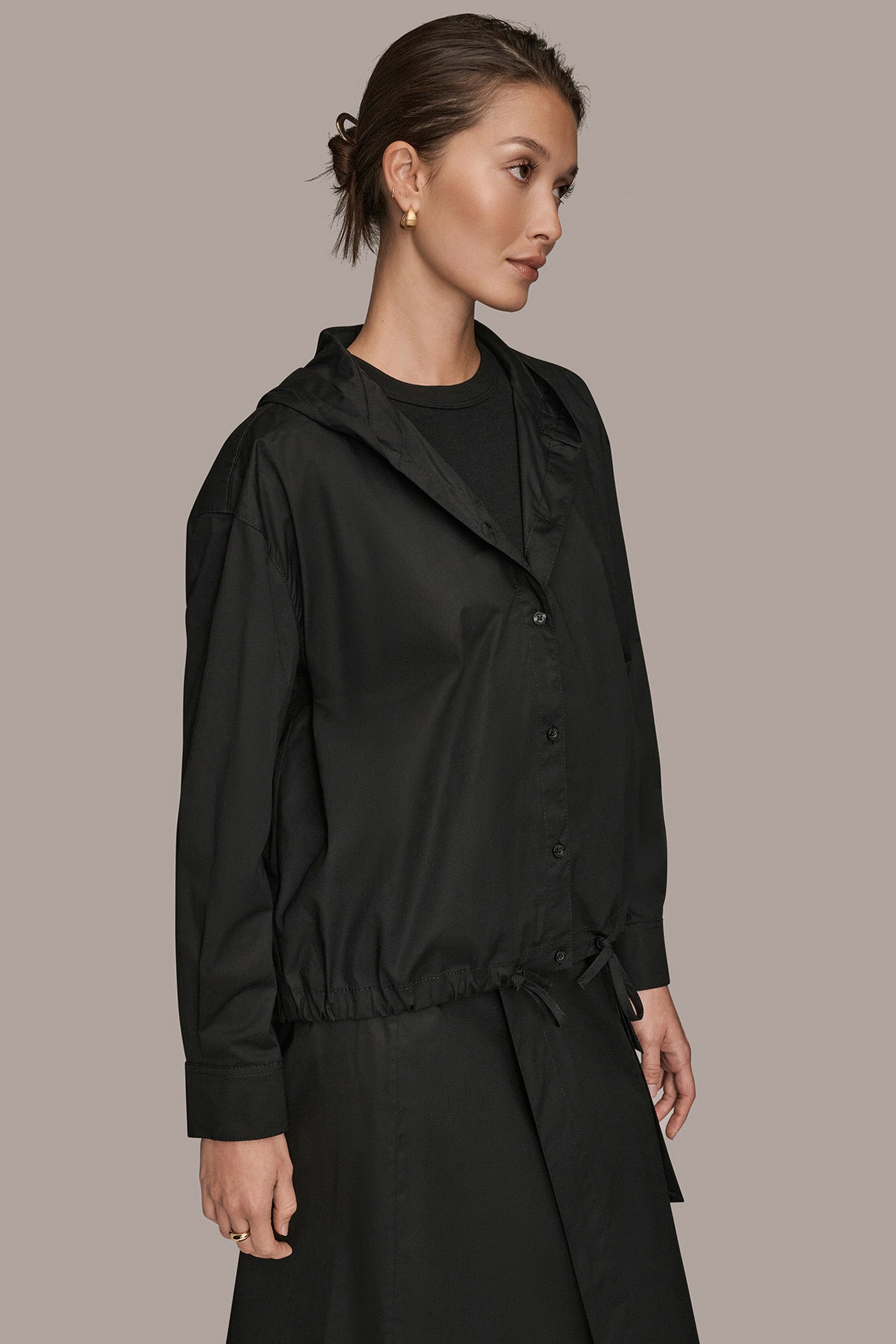 LONG SLEEVE BUTTON DOWN HOODED SHIRT VIEW 3 | Donna Karan Weekend LONG SLEEVE BUTTON DOWN HOODED SHIRT VIEW 3 | Donna Karan Weekend