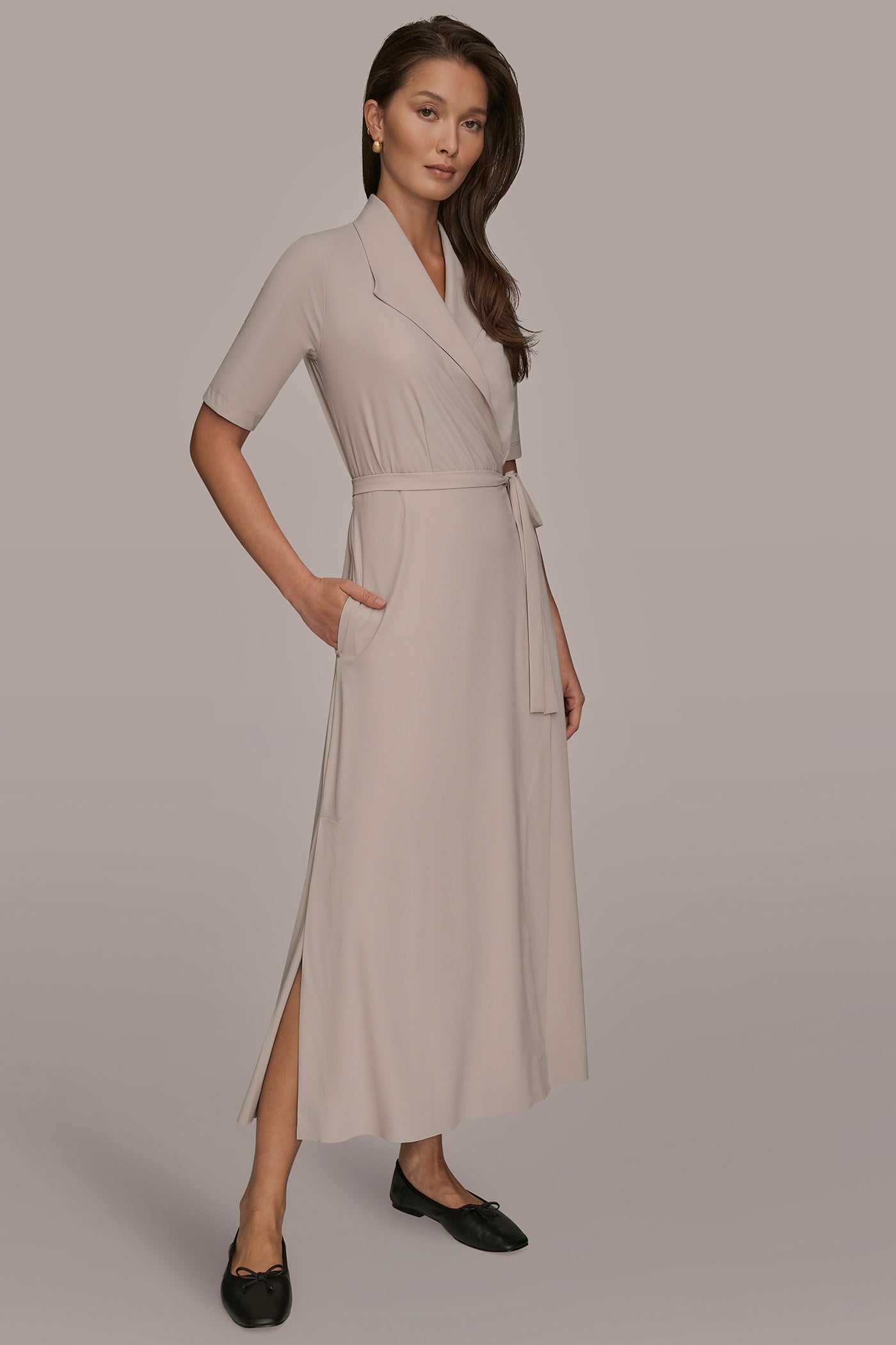 ELBOW SLEEVE TIE WRAP DRESS VIEW 3 | Donna Karan Weekend ELBOW SLEEVE TIE WRAP DRESS VIEW 3 | Donna Karan Weekend