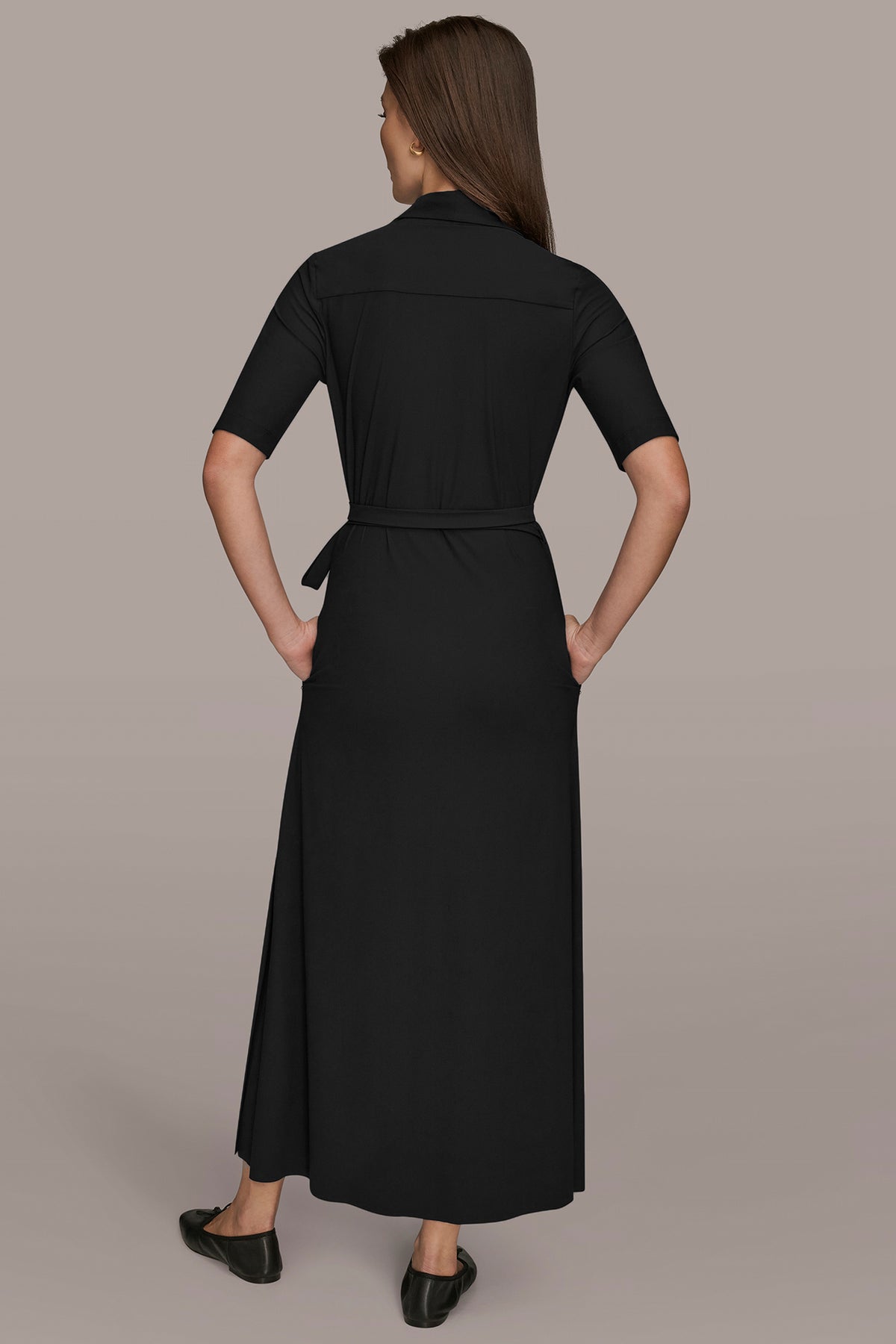 slim fit dress slacks Donna Karan Weekend Women's Elbow-Sleeve Collared Polo Dress - Black