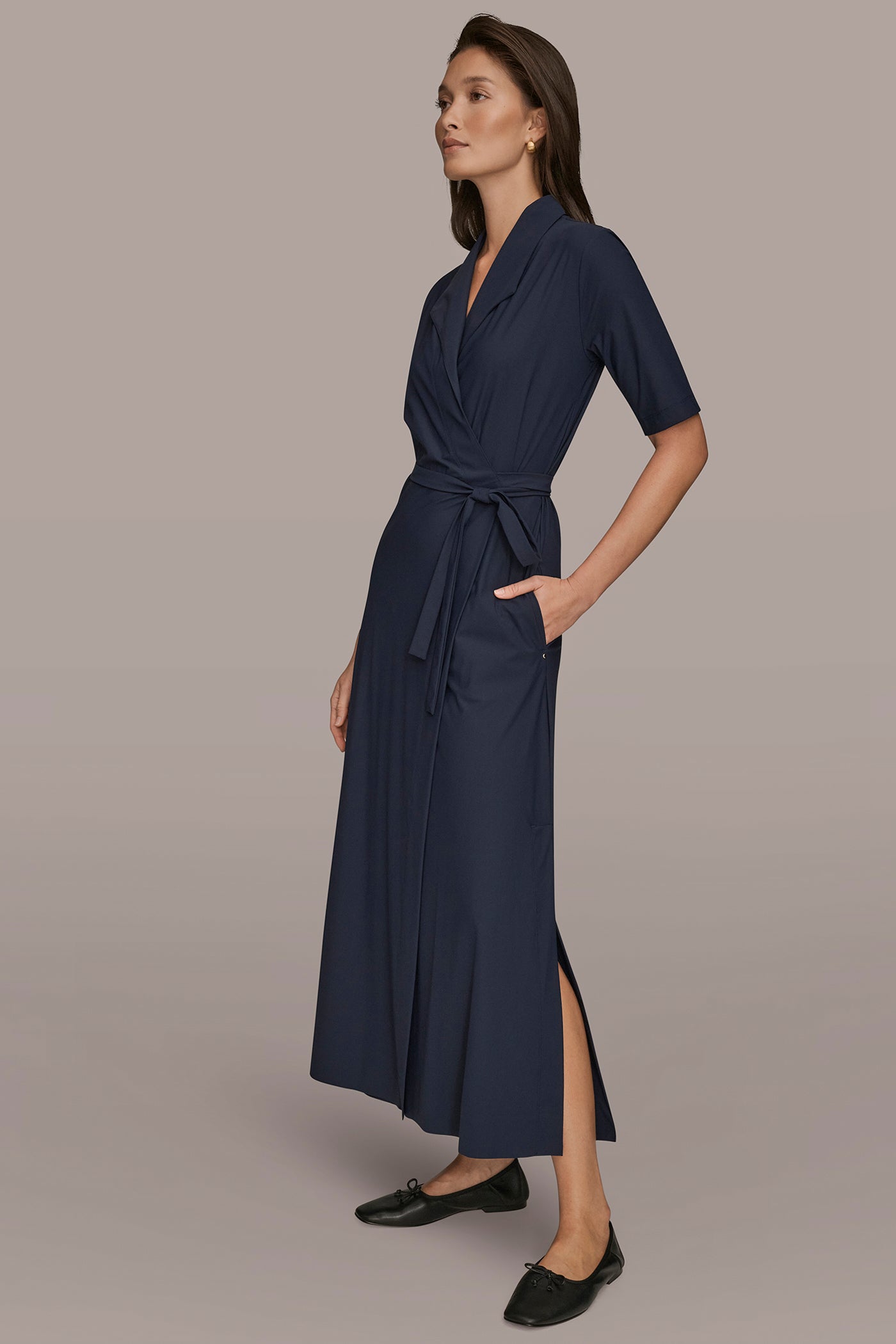 ELBOW SLEEVE TIE WRAP DRESS VIEW 3 | Donna Karan Weekend ELBOW SLEEVE TIE WRAP DRESS VIEW 3 | Donna Karan Weekend