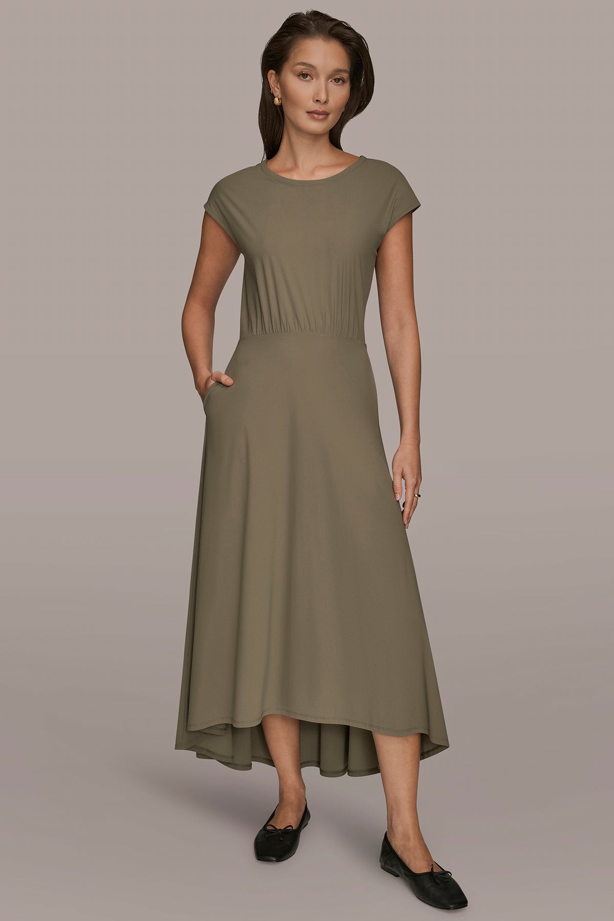 Donna Karan Women's The Modern Travel Midi Fit And Flare Dress in KHAKI GREEN Donna Karan Women's The Modern Travel Midi Fit And Flare Dress in KHAKI GREEN