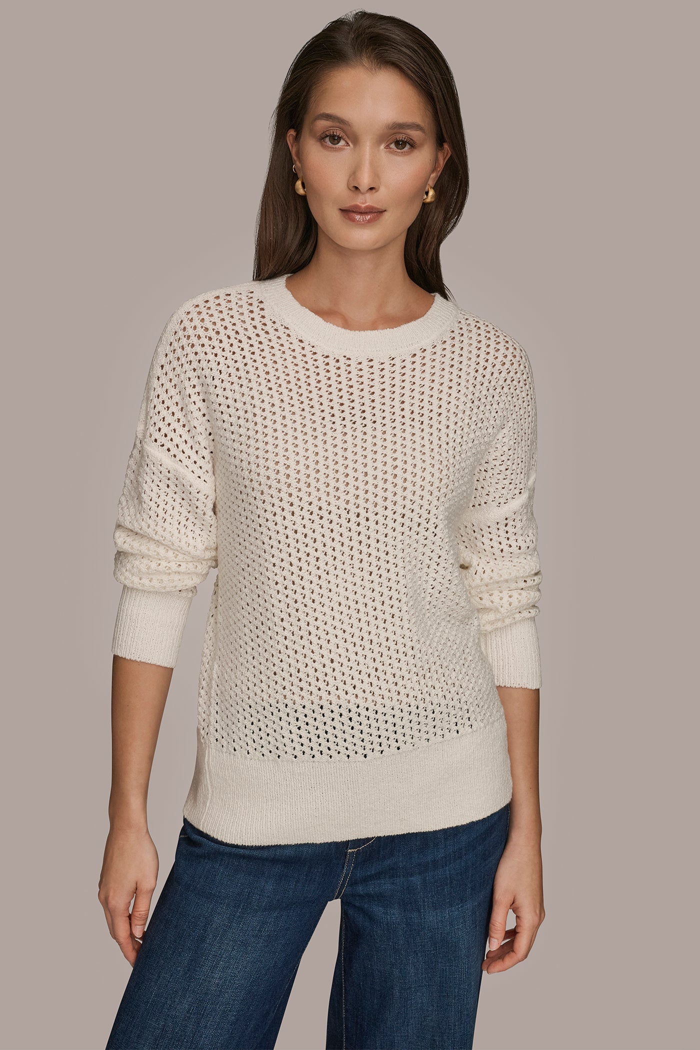 BRACELET SLEEVE OPEN-STITCH CREWNECK SWEATER | View 1 BRACELET SLEEVE OPEN-STITCH CREWNECK SWEATER | View 1