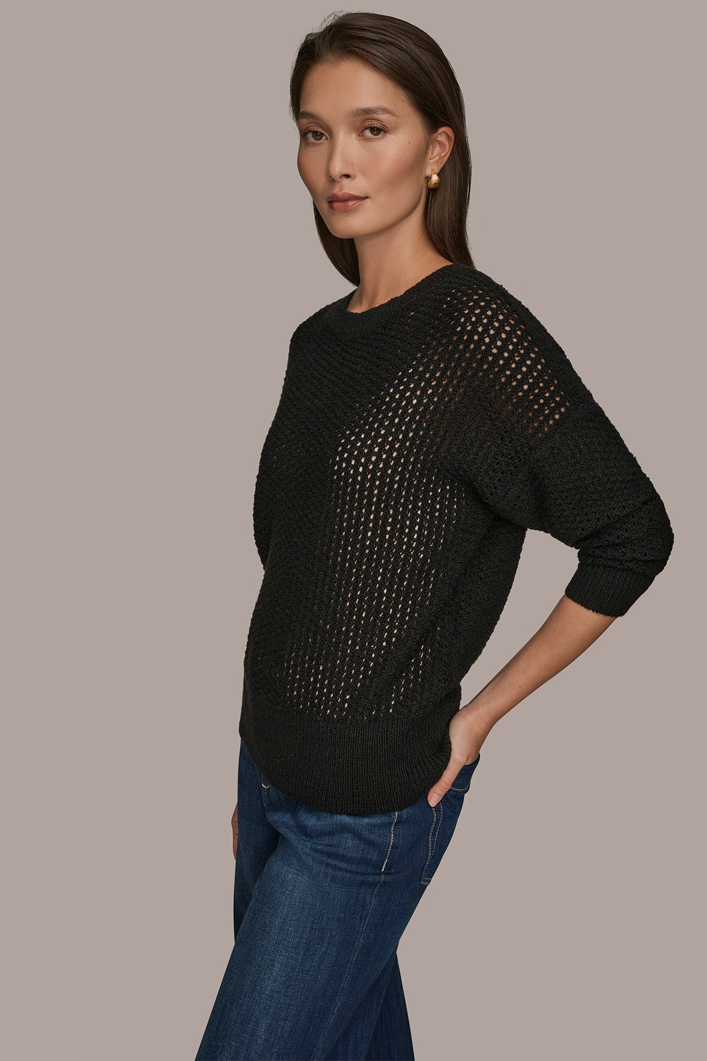 BRACELET SLEEVE OPEN STITCH CREW NECK VIEW 3 | Donna Karan Weekend BRACELET SLEEVE OPEN STITCH CREW NECK VIEW 3 | Donna Karan Weekend