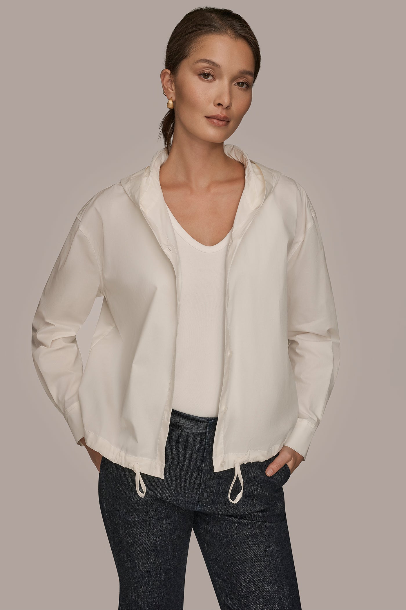 LONG SLEEVE BUTTON DOWN HOODED SHIRT VIEW 7 | Donna Karan Weekend LONG SLEEVE BUTTON DOWN HOODED SHIRT VIEW 7 | Donna Karan Weekend
